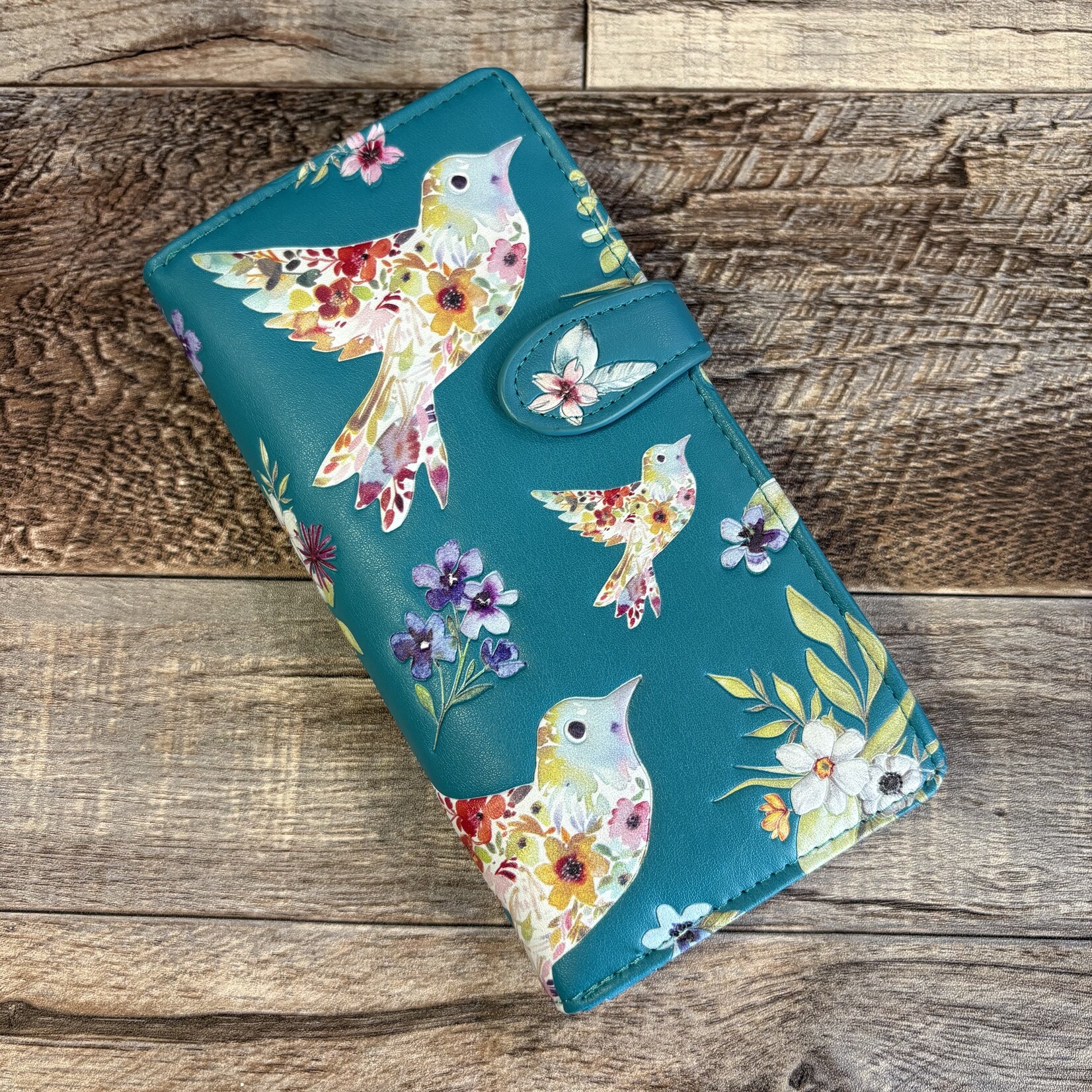 Large Shagwear Wallet - Teal Floral Bird Pattern