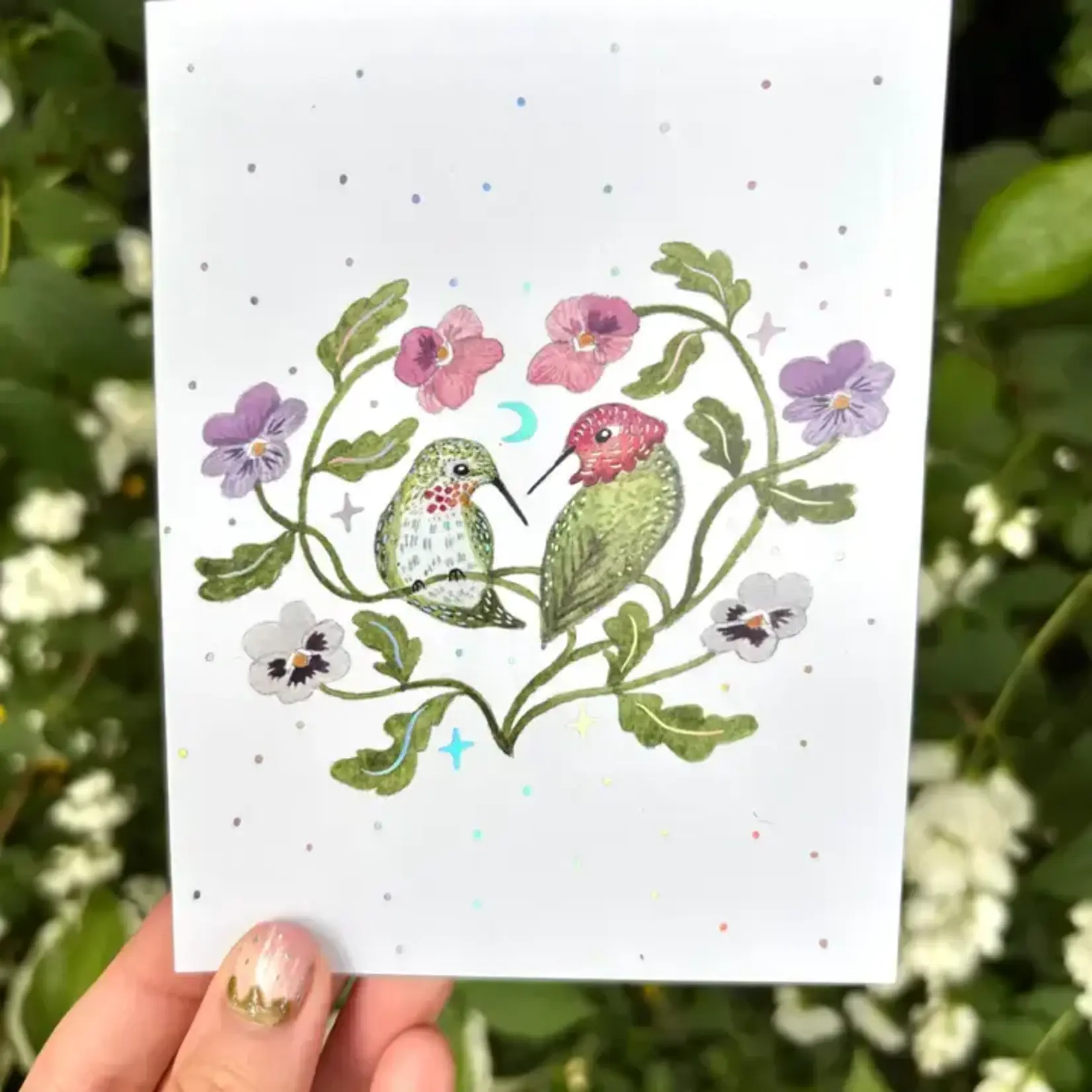 Emelie Nunez Art Greeting Card -"Hummingbird Love" Iridescent Foil