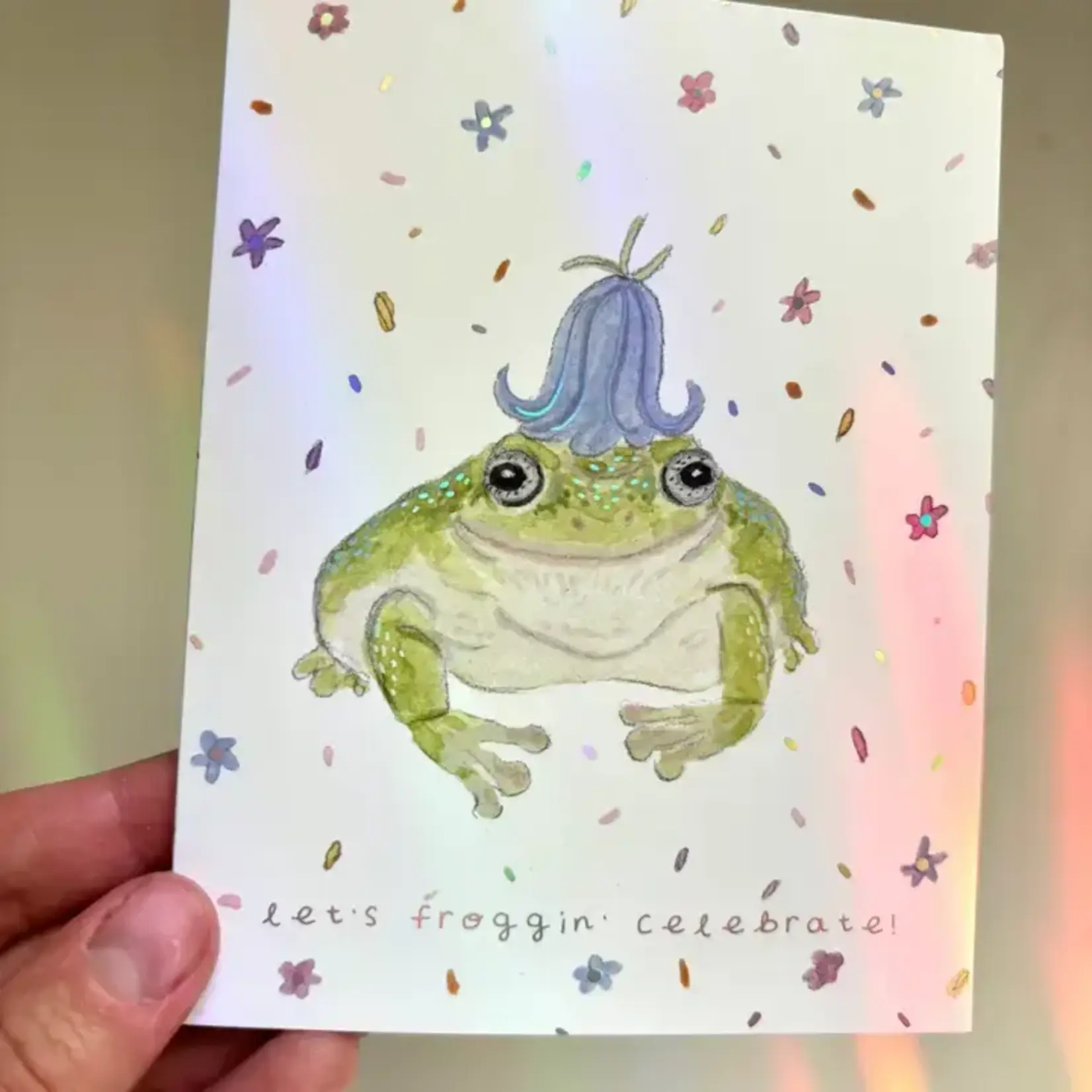 Emelie Nunez Art Greeting Card - "Let's Froggin' Celebrate" Iridescent Foil