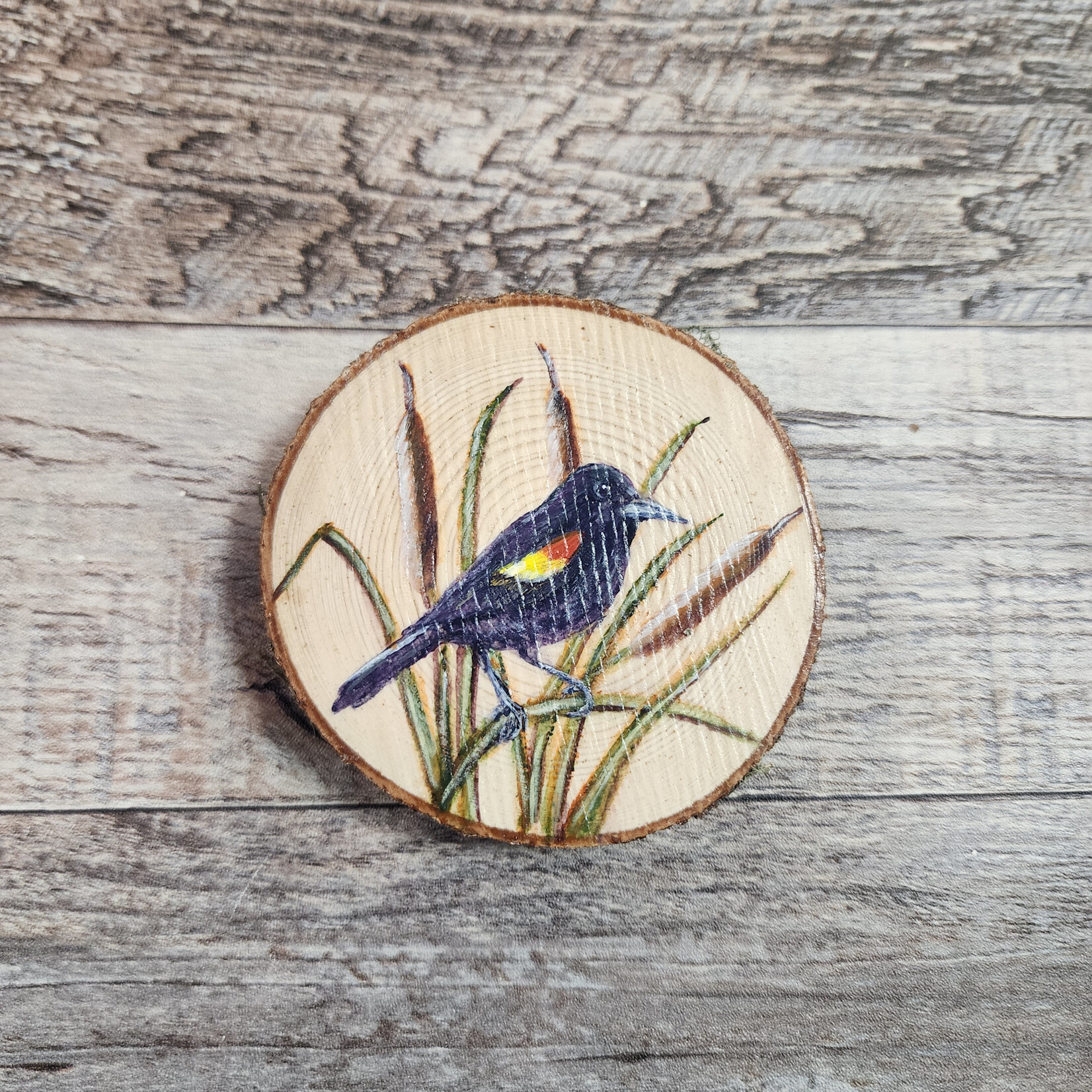 Wood Cookie Painting - Red-Winged Blackbird