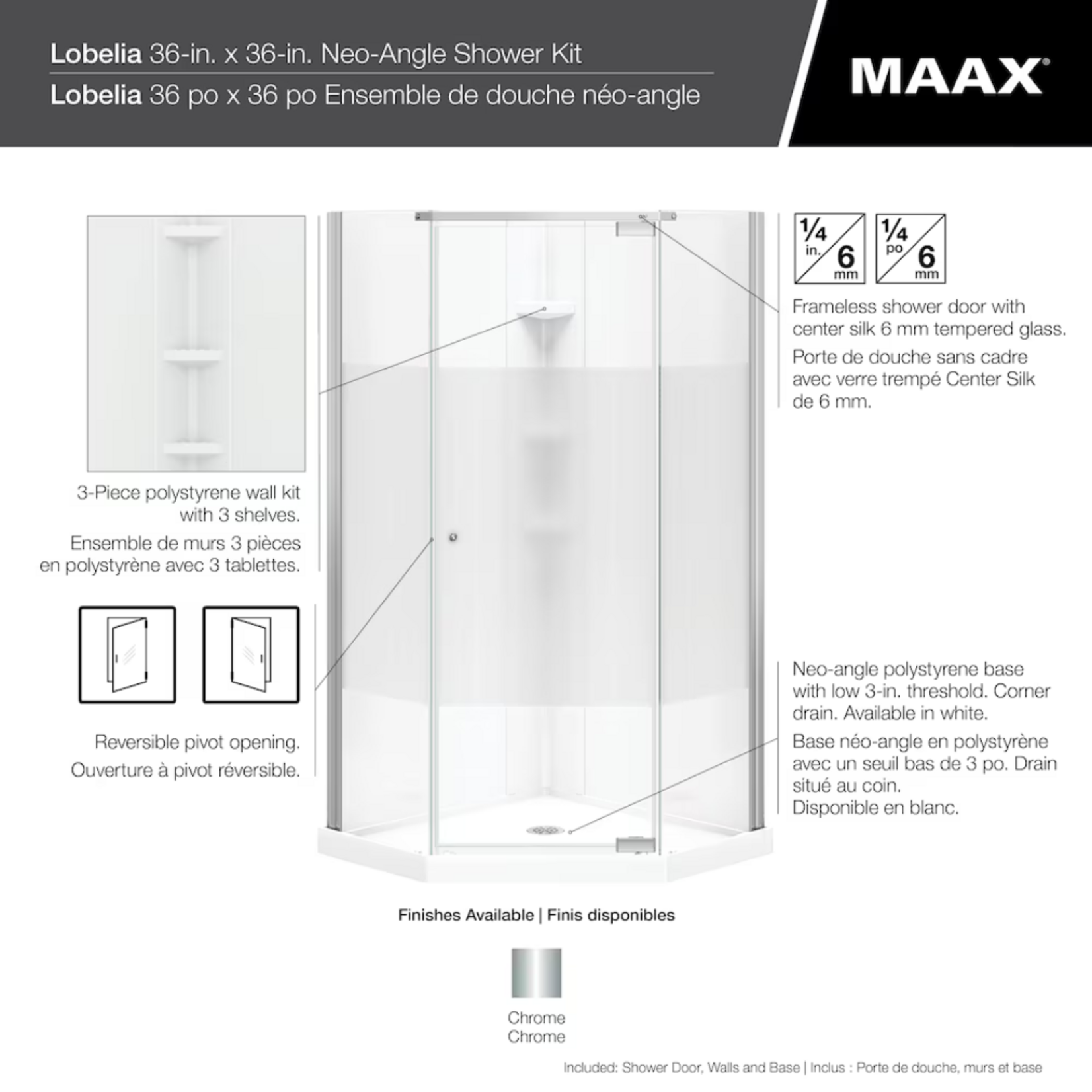 Shower Corner Kit 36L x 36W x 72H