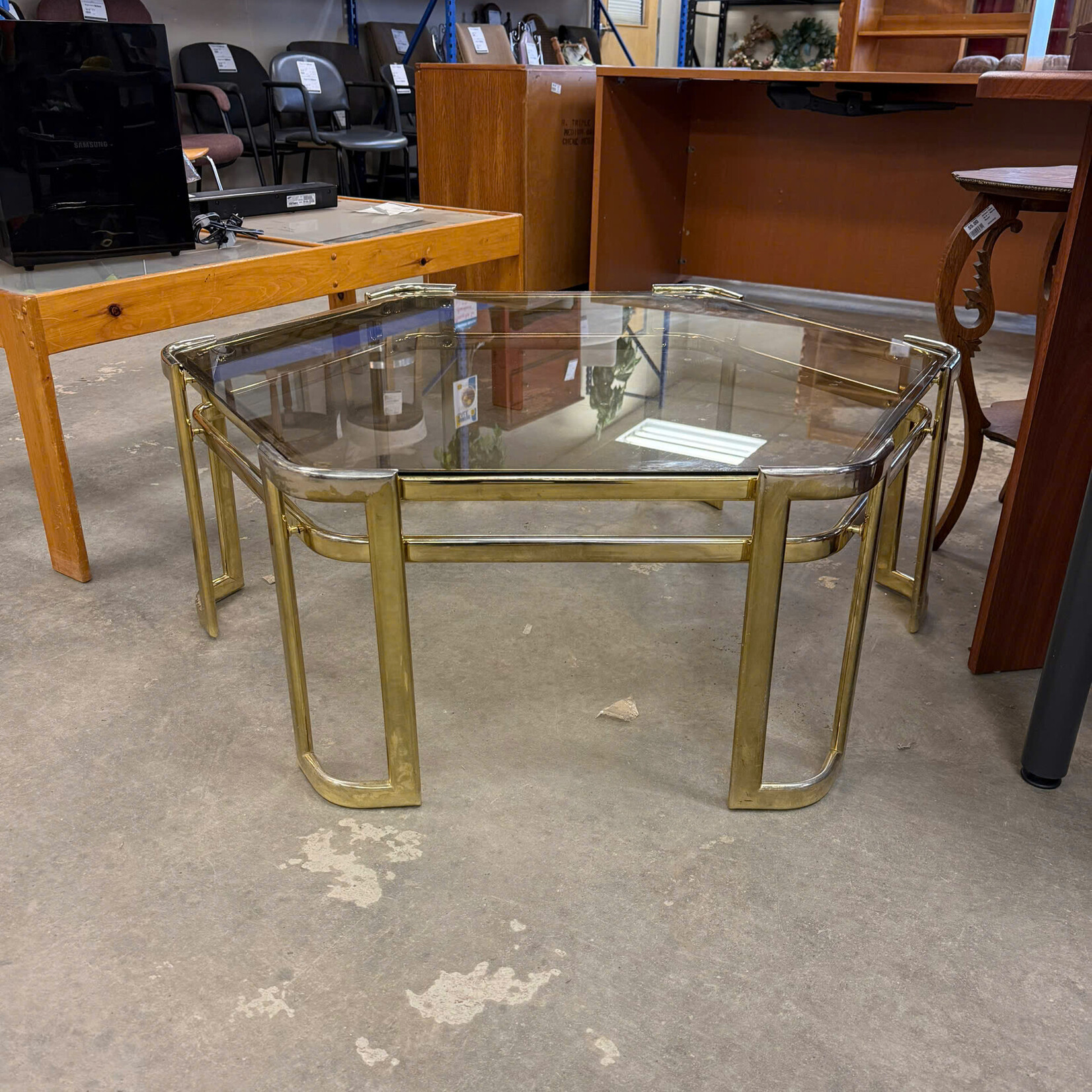 Brass Hexagon Glass Top Table