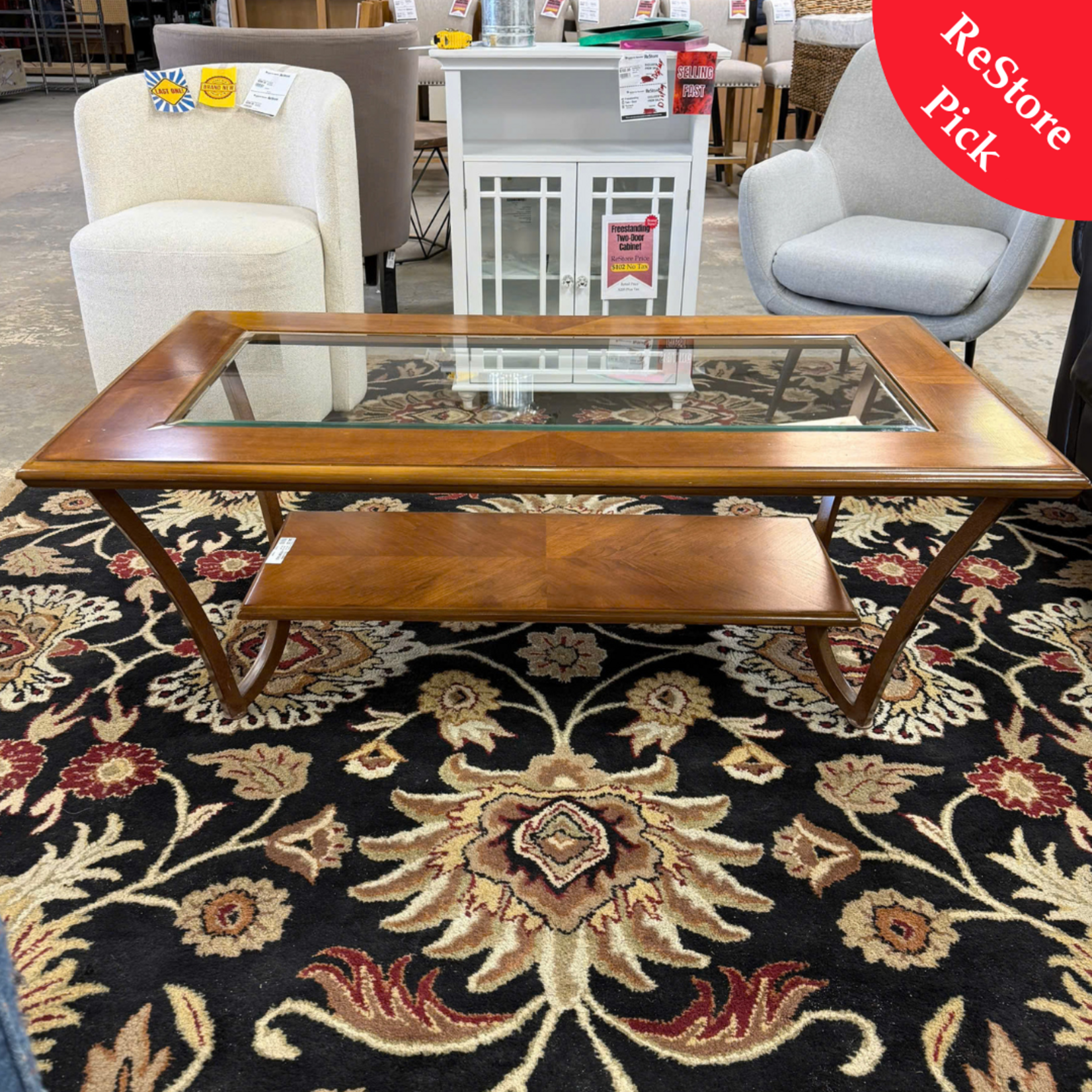 Wood and Beveled Glass Coffee Table