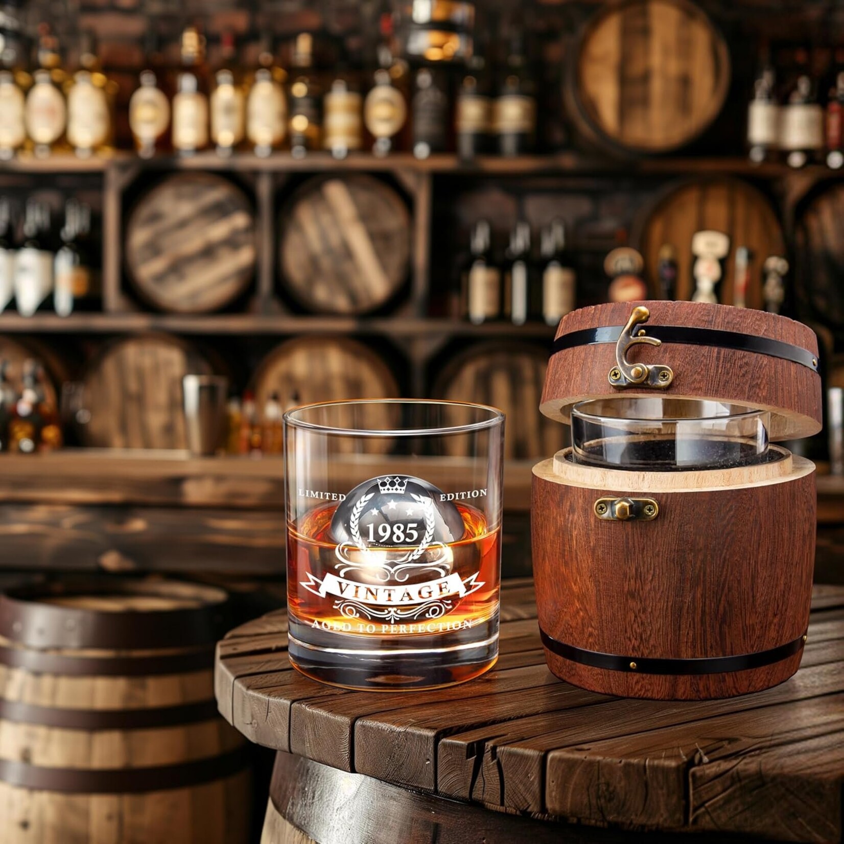1985 Whiskey Set Barrel Box