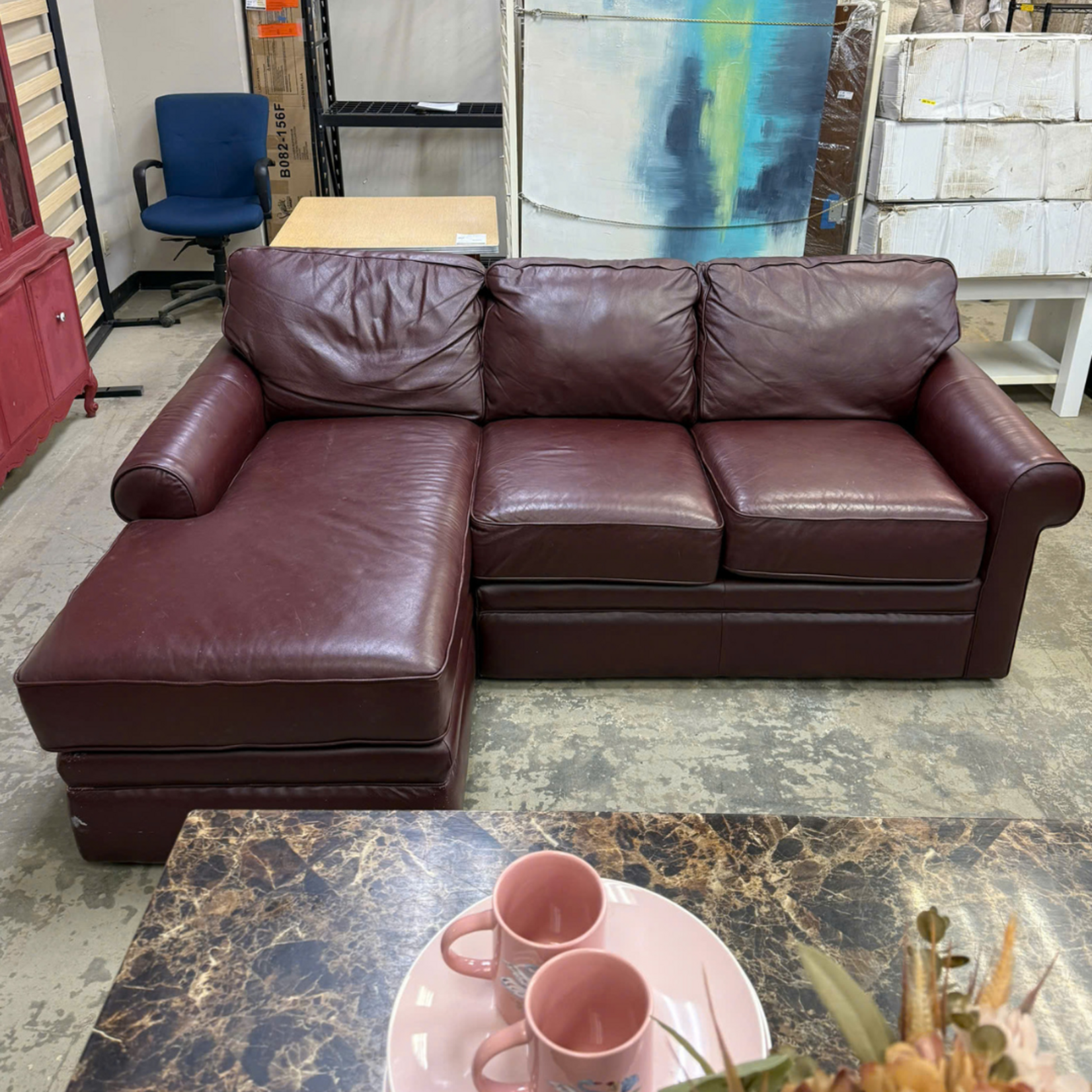 Dark Red Leather Sofa With Chaise