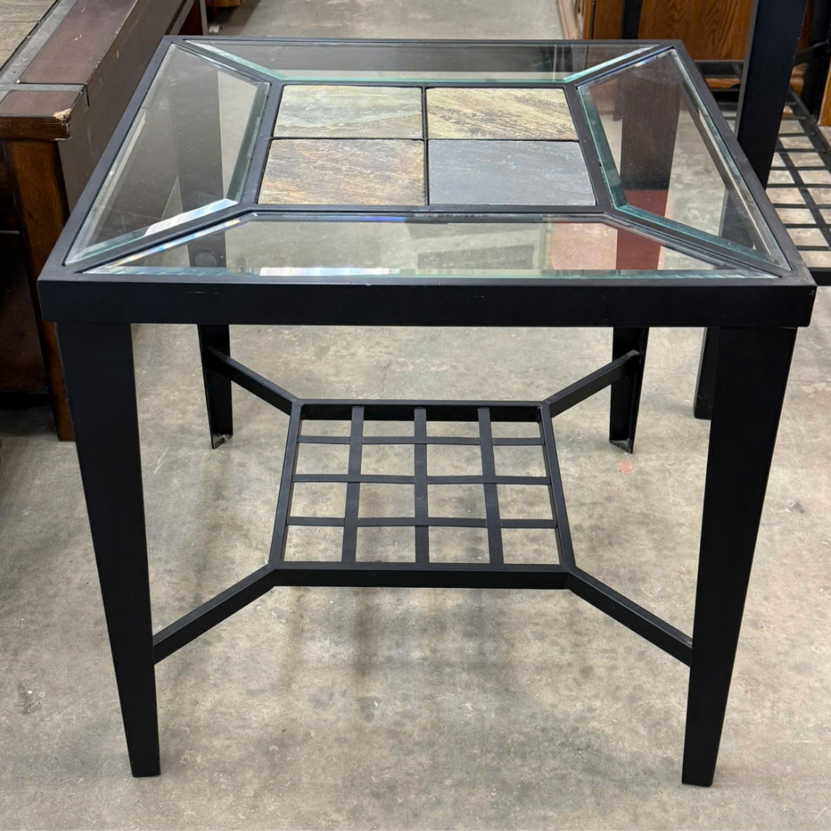 Black Metal, Glass And Stone End Table