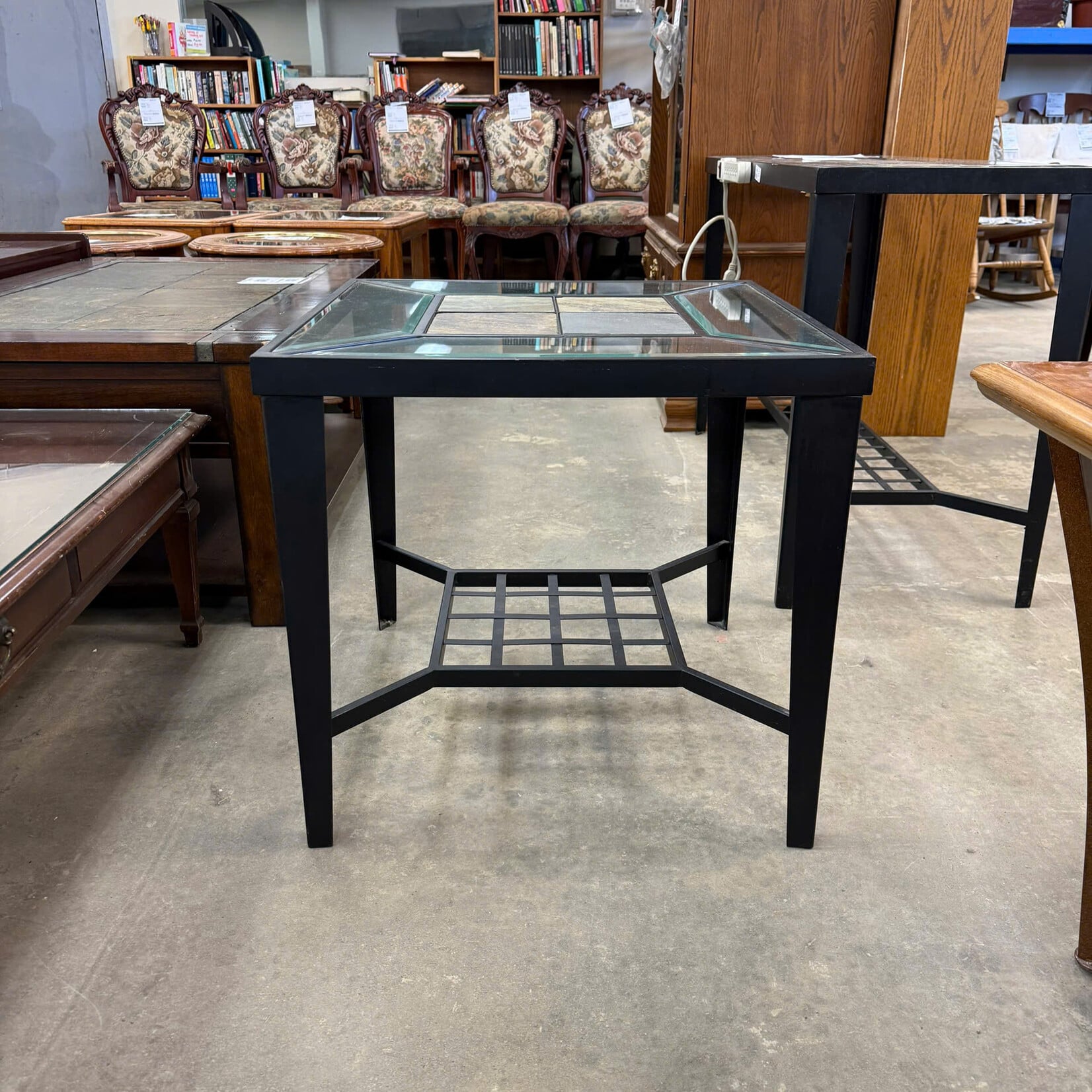 Black Metal, Glass And Stone End Table