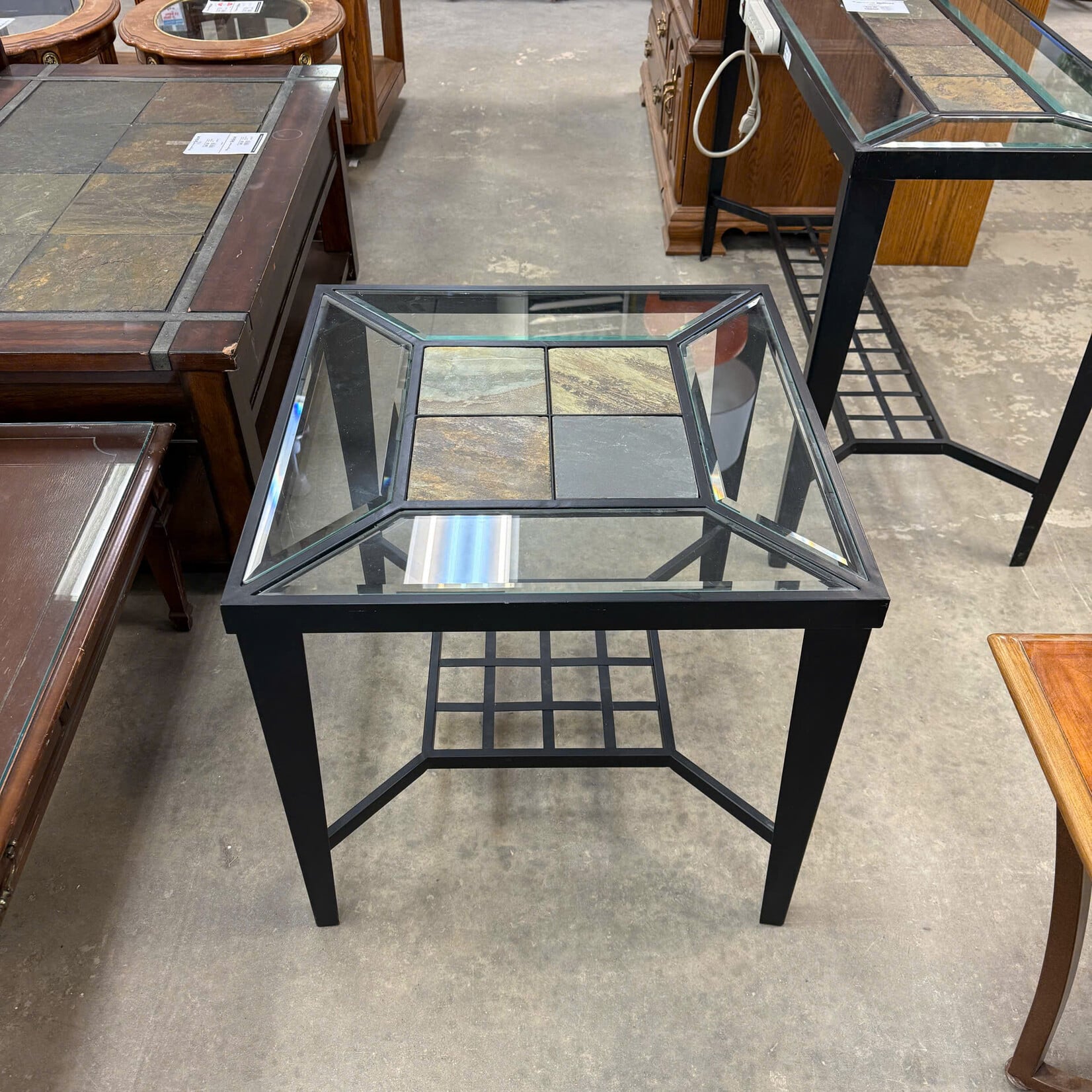 Black Metal, Glass And Stone End Table