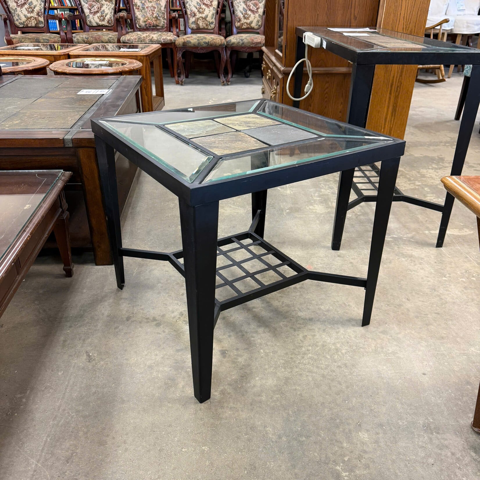 Black Metal, Glass And Stone End Table