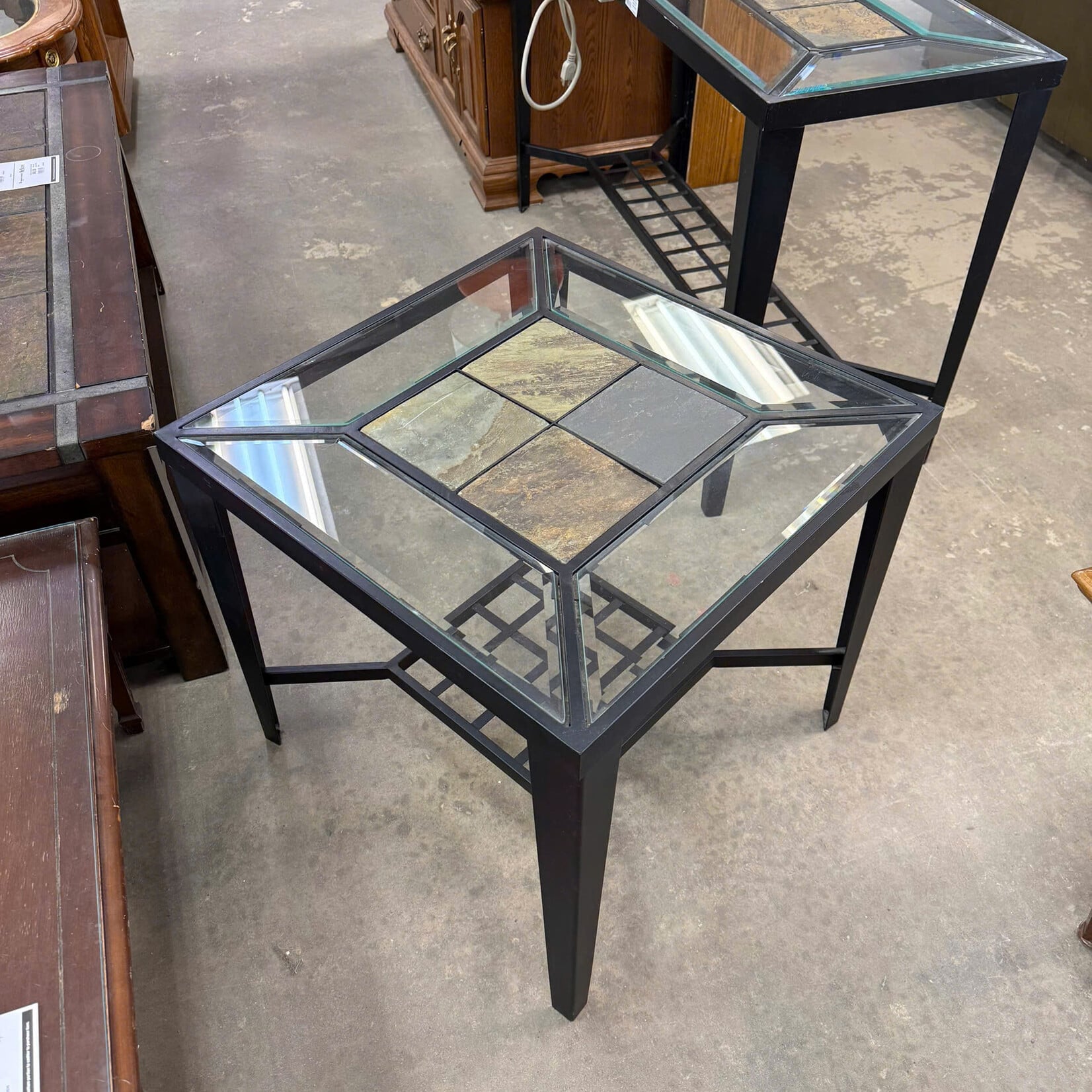 Black Metal, Glass And Stone End Table