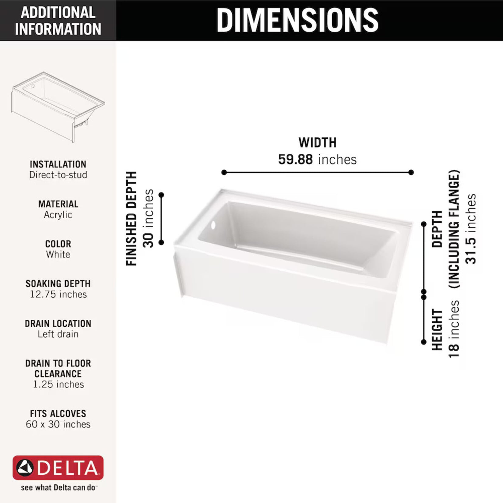 60"x30" Left Drain Bath Tub