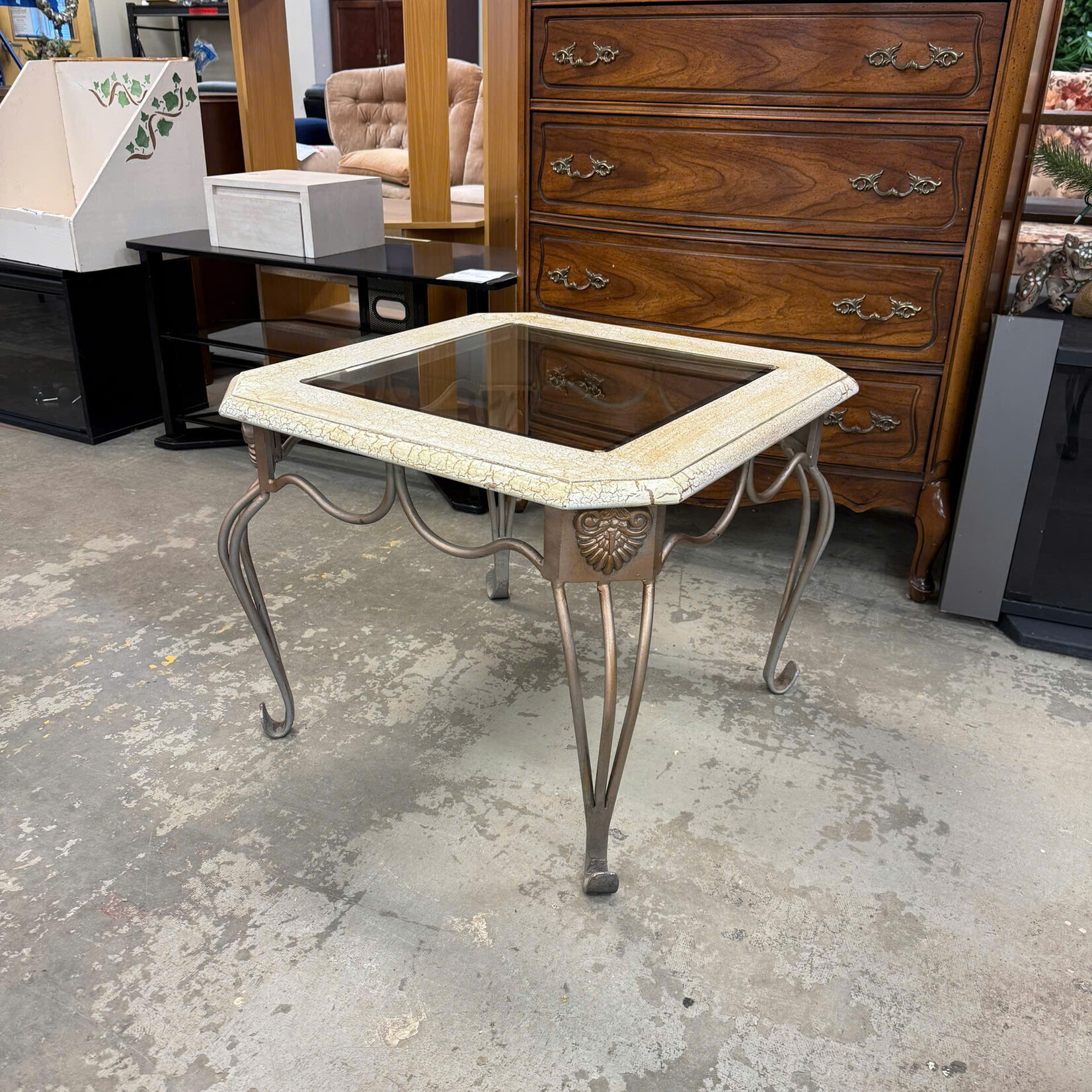 Beige Top Glass End Table