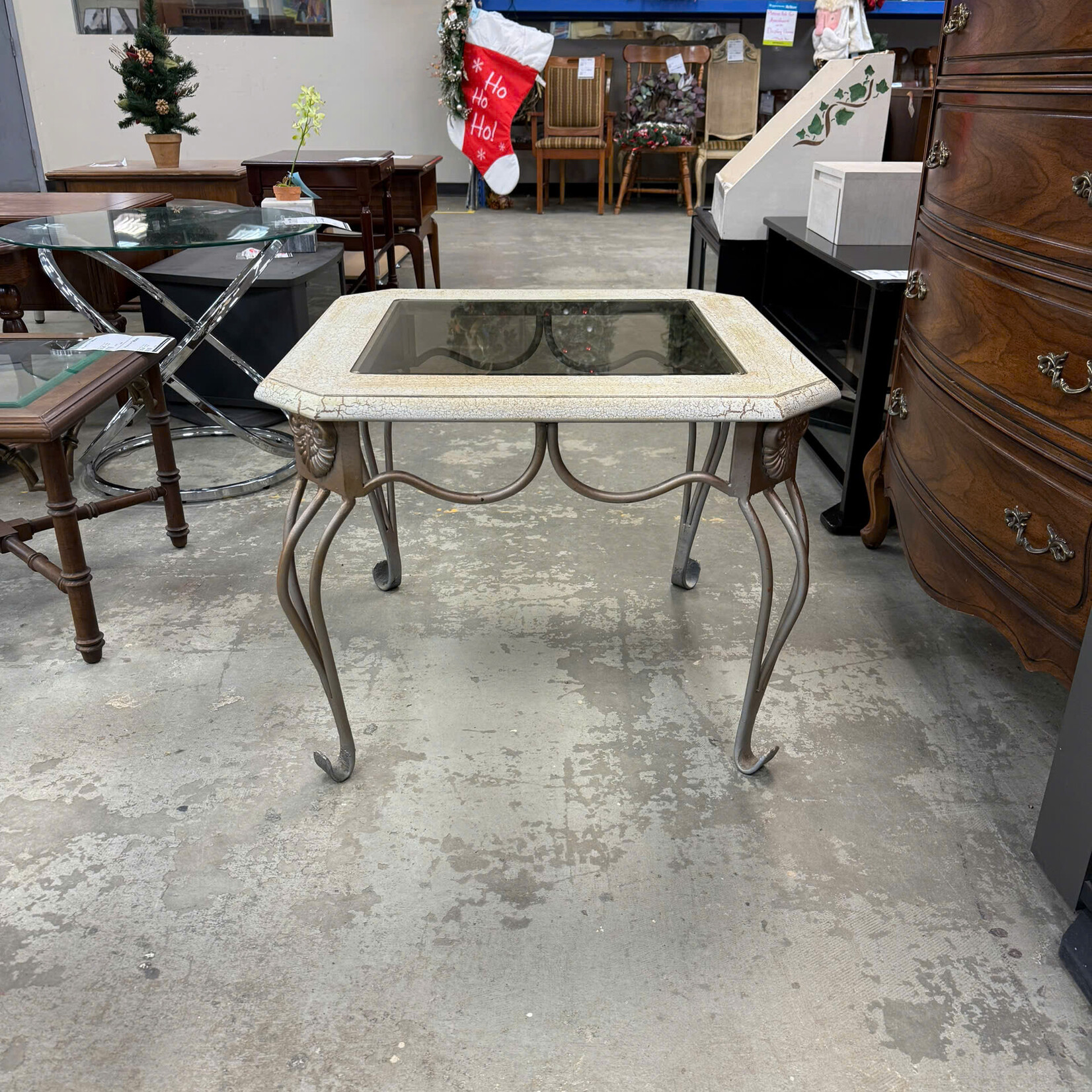 Beige Top Glass End Table