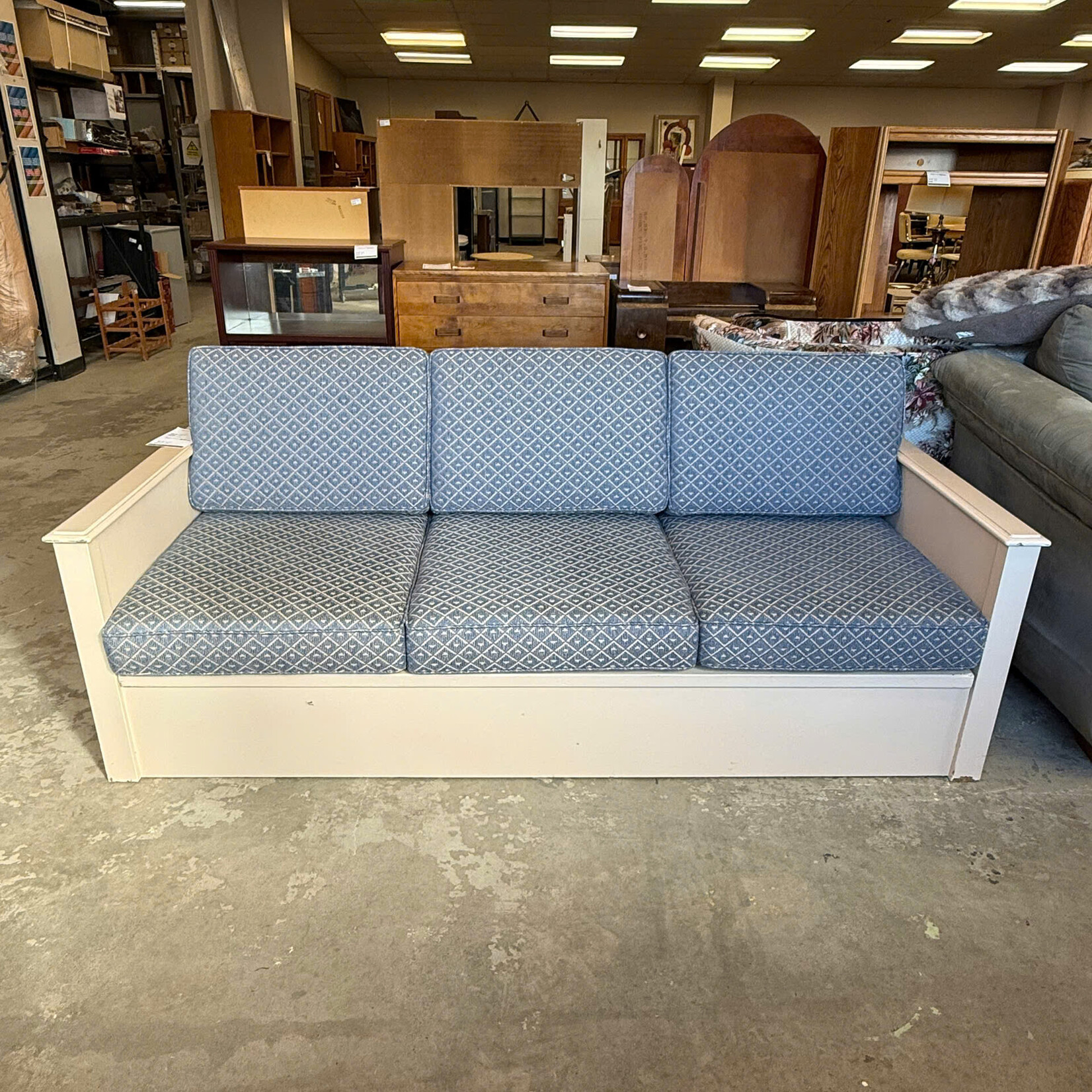 Beige Wood And Blue Diamond Pattern Cushion Couch