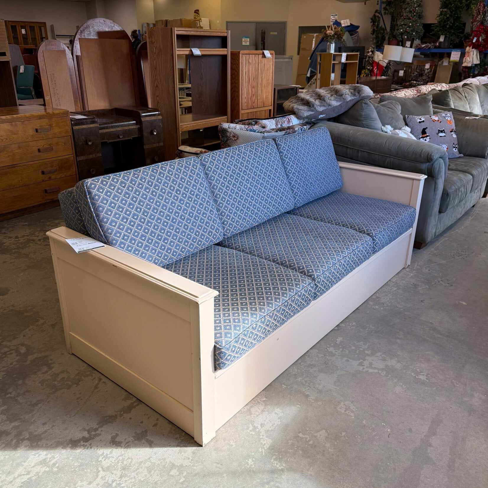 Beige Wood And Blue Diamond Pattern Cushion Couch
