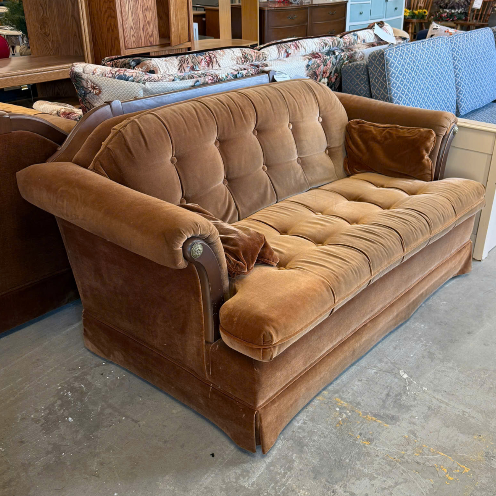 Brown Love Seat With Wood Trim