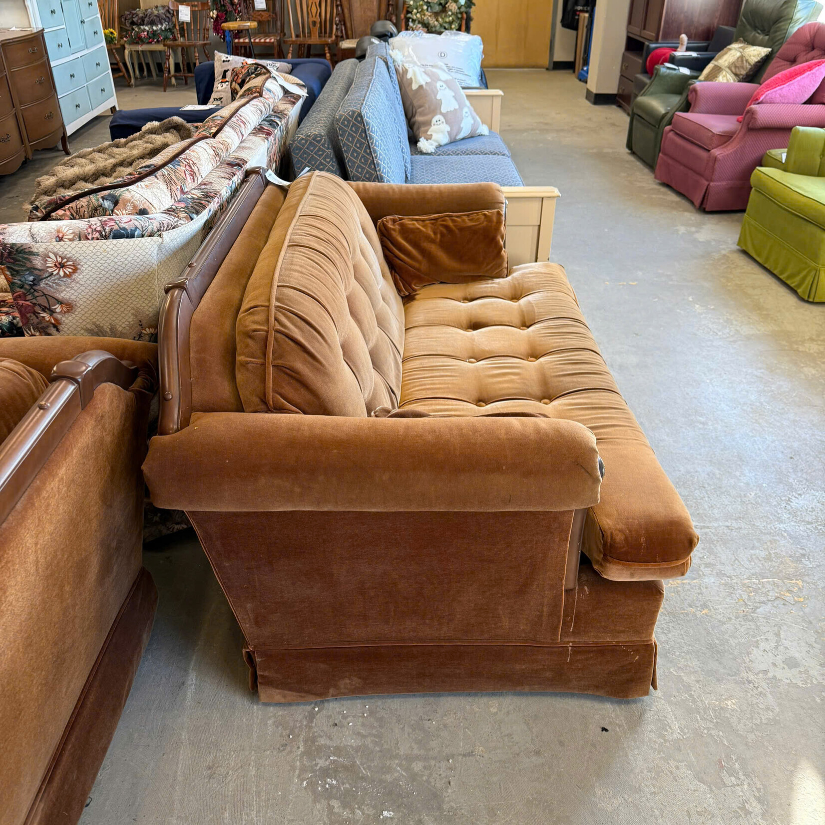 Brown Love Seat With Wood Trim