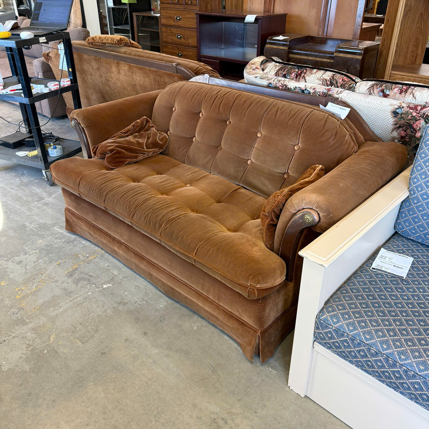 Brown Love Seat With Wood Trim