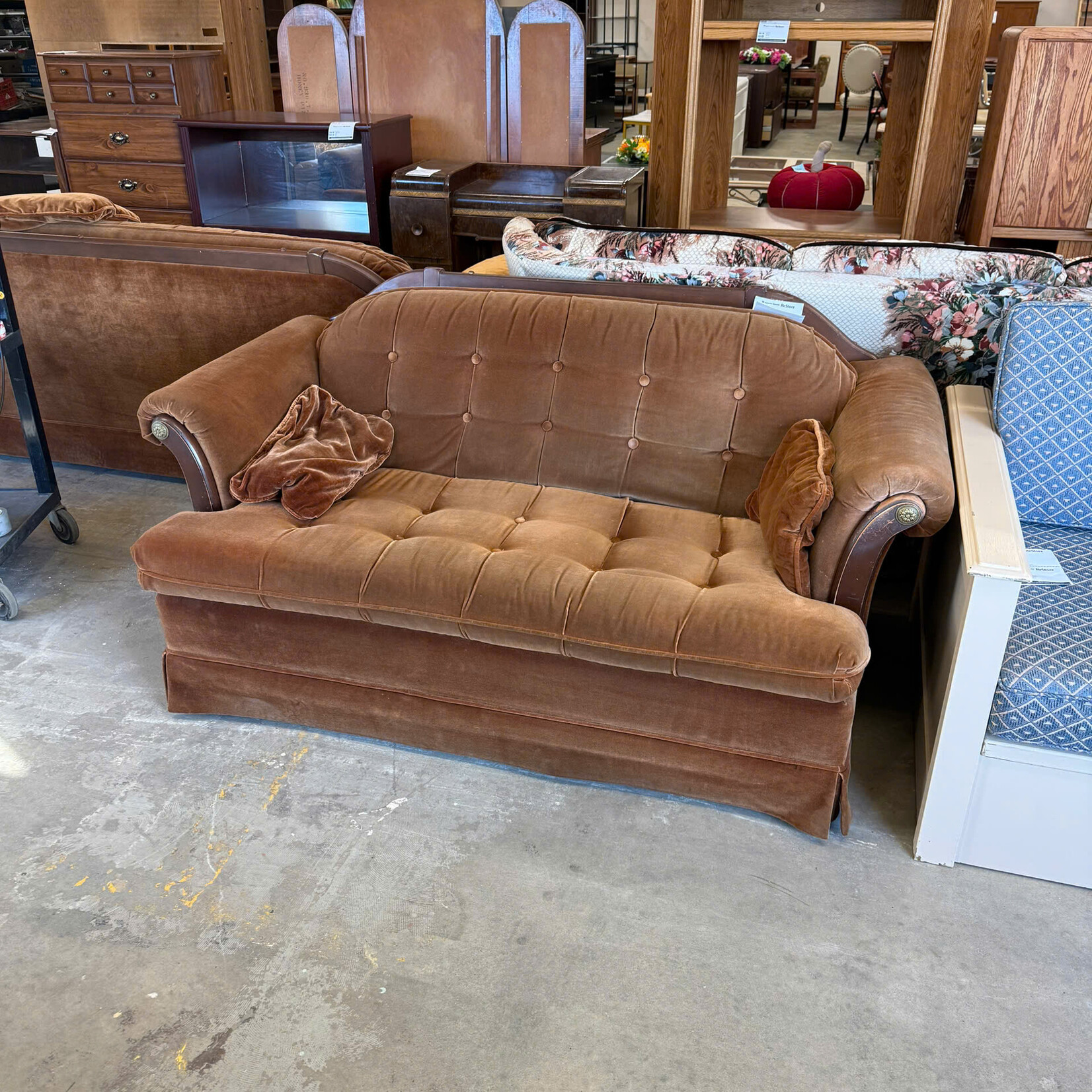 Brown Love Seat With Wood Trim