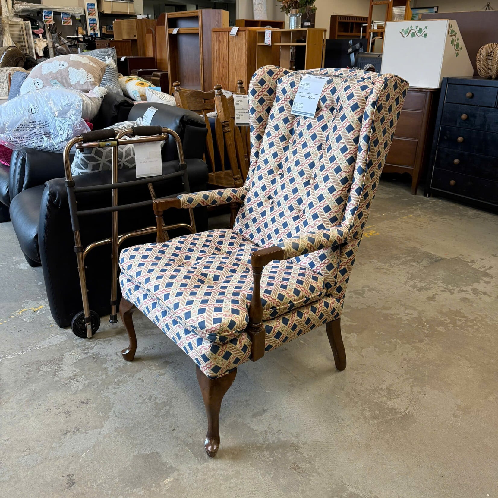 Wingback Armchair W/Blue Diamond