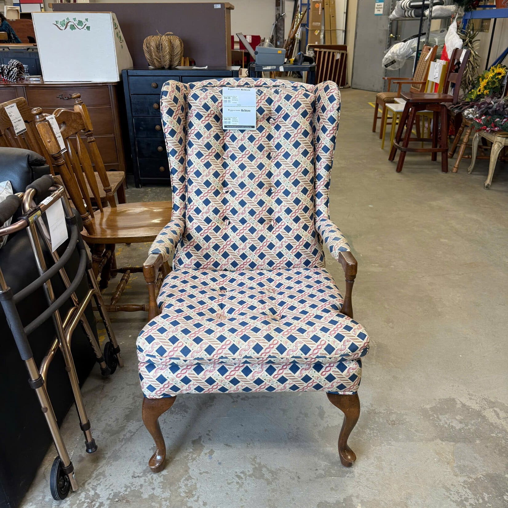 Wingback Armchair W/Blue Diamond