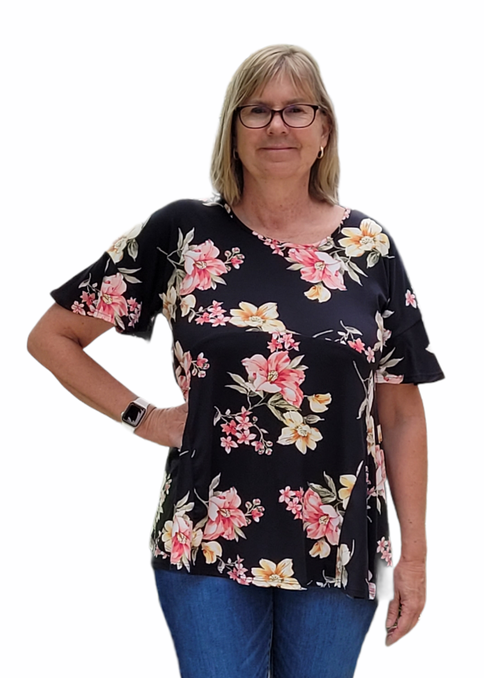 Vision Apparel Floral Print Short Sleeve A-Line Tunic