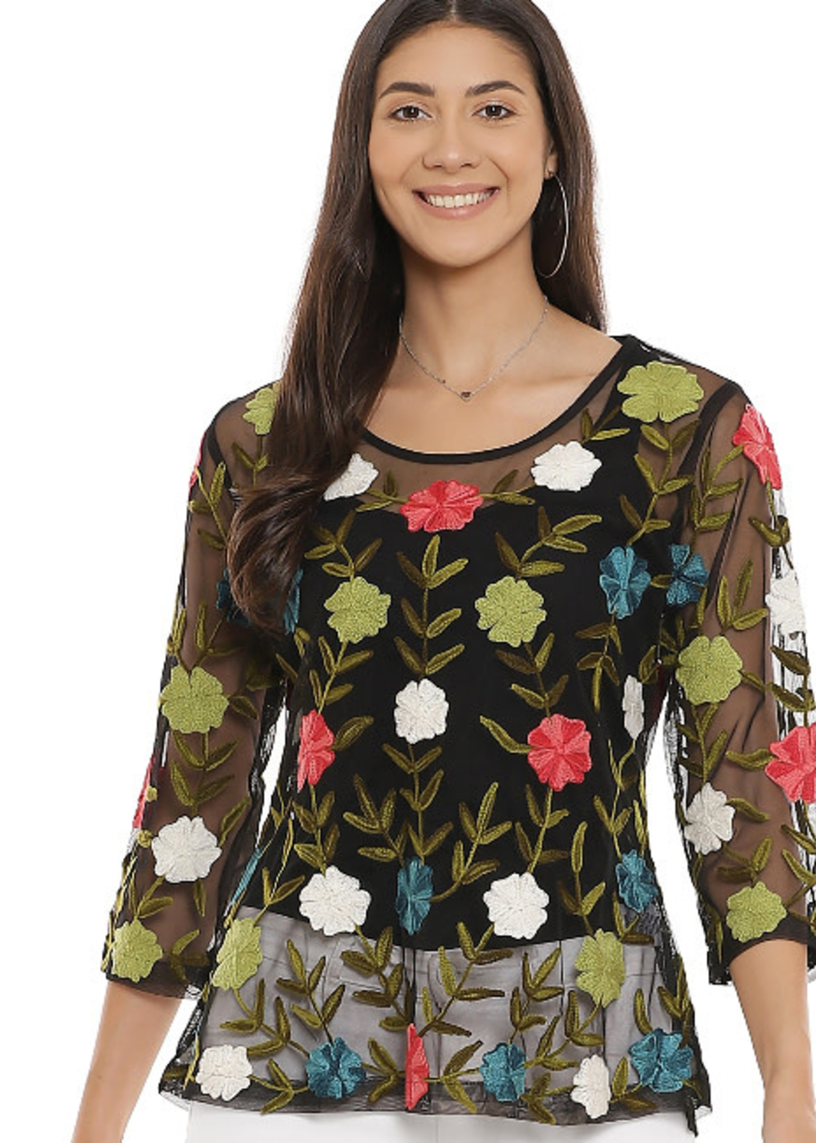 Parsley and Sage Black Sheer Embroidered Floral Top