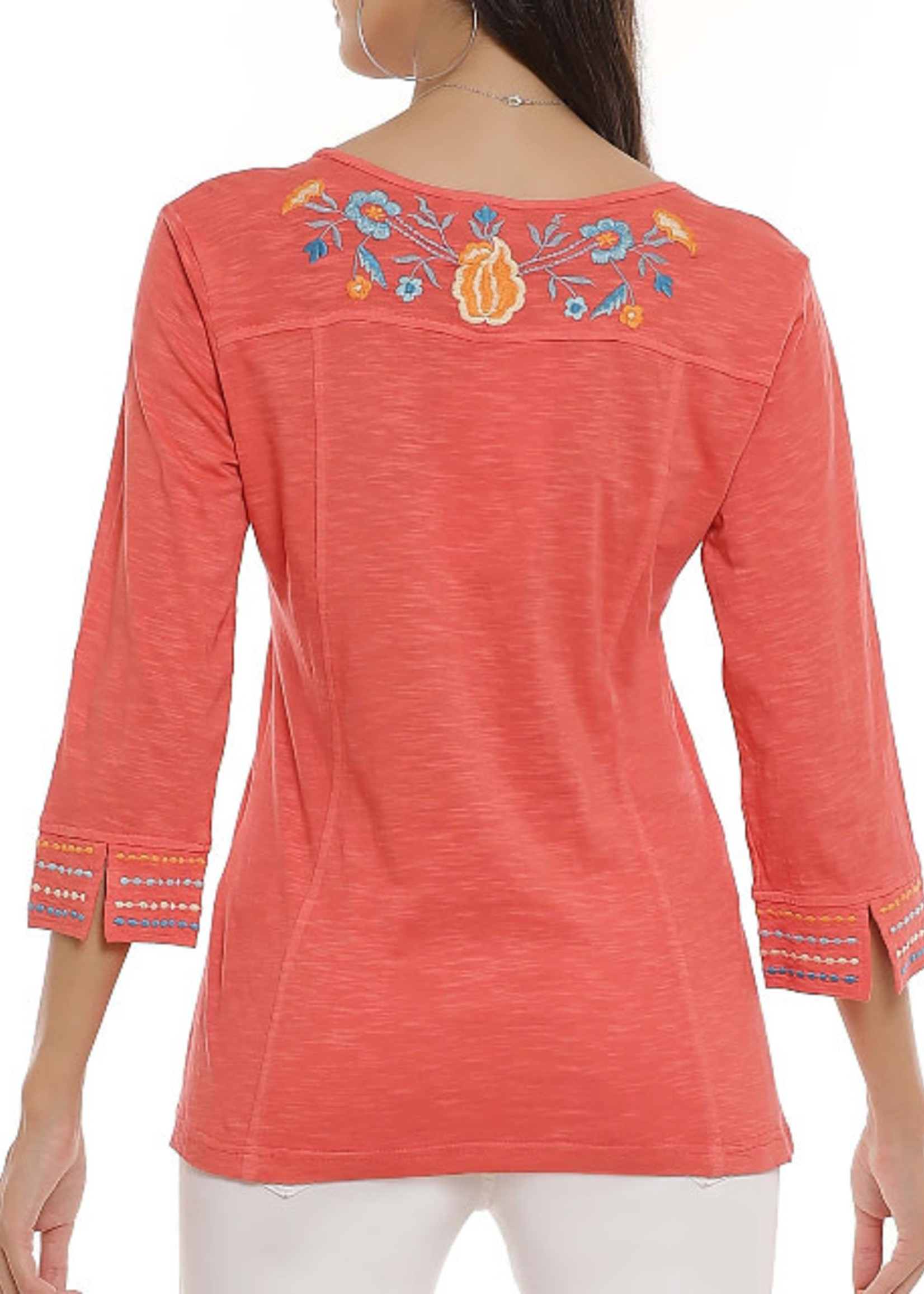 Parsley and Sage Coral Floral Embroidered Crew Neck Shirt