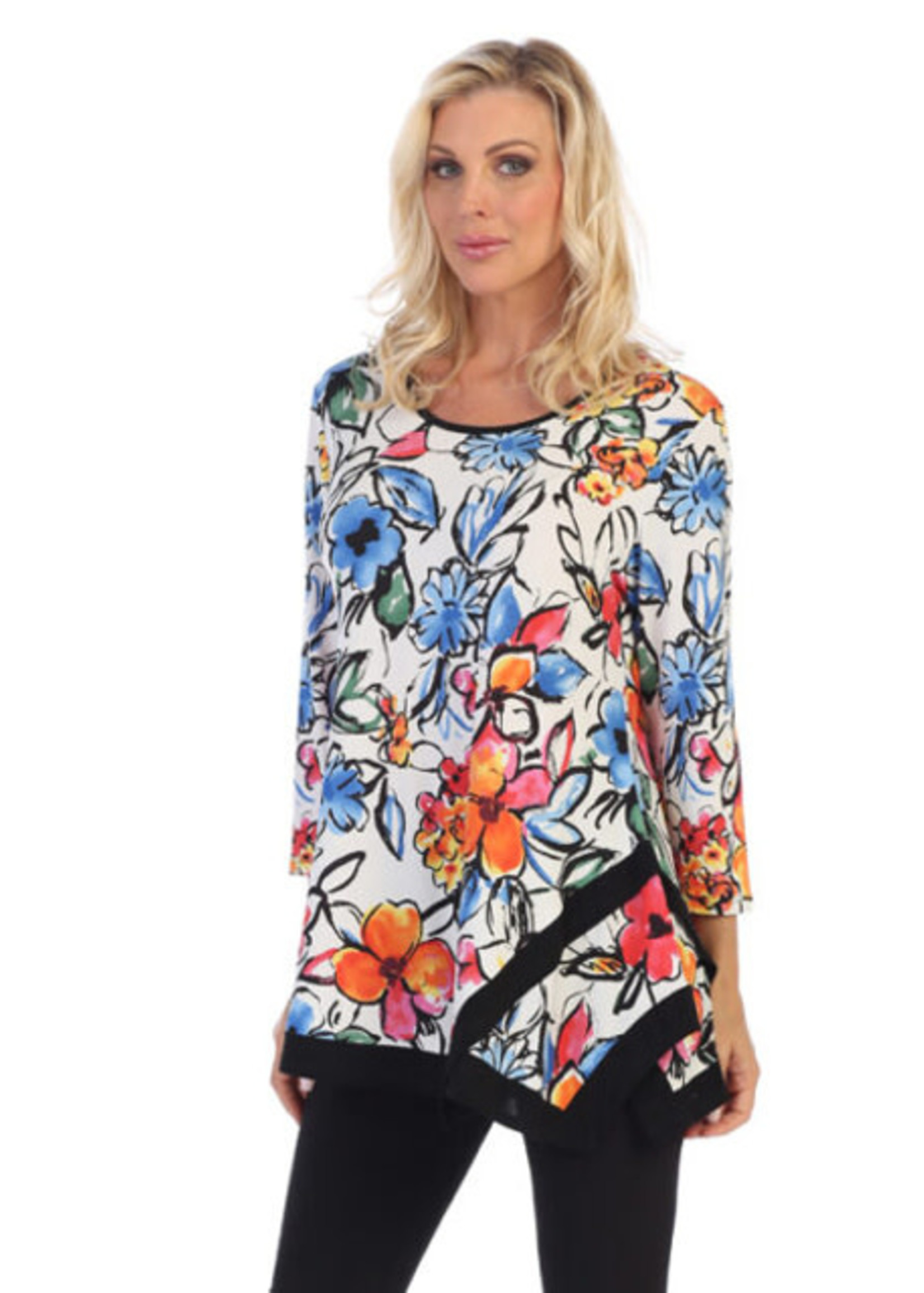 Caribe Floral With Black Trim 3/4 Sleeve Swing Tunic