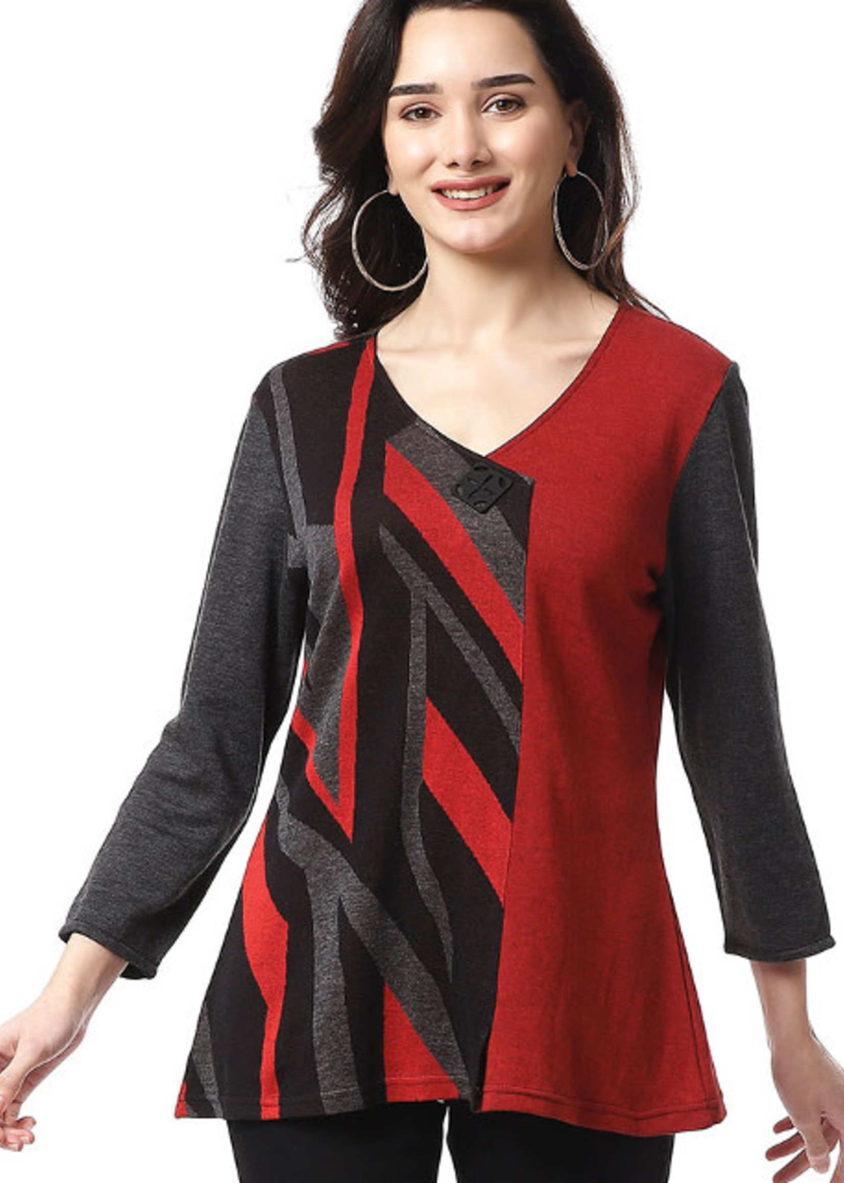 Parsley and Sage Knit Red & Grey Pattern V Neck Button Detail Top