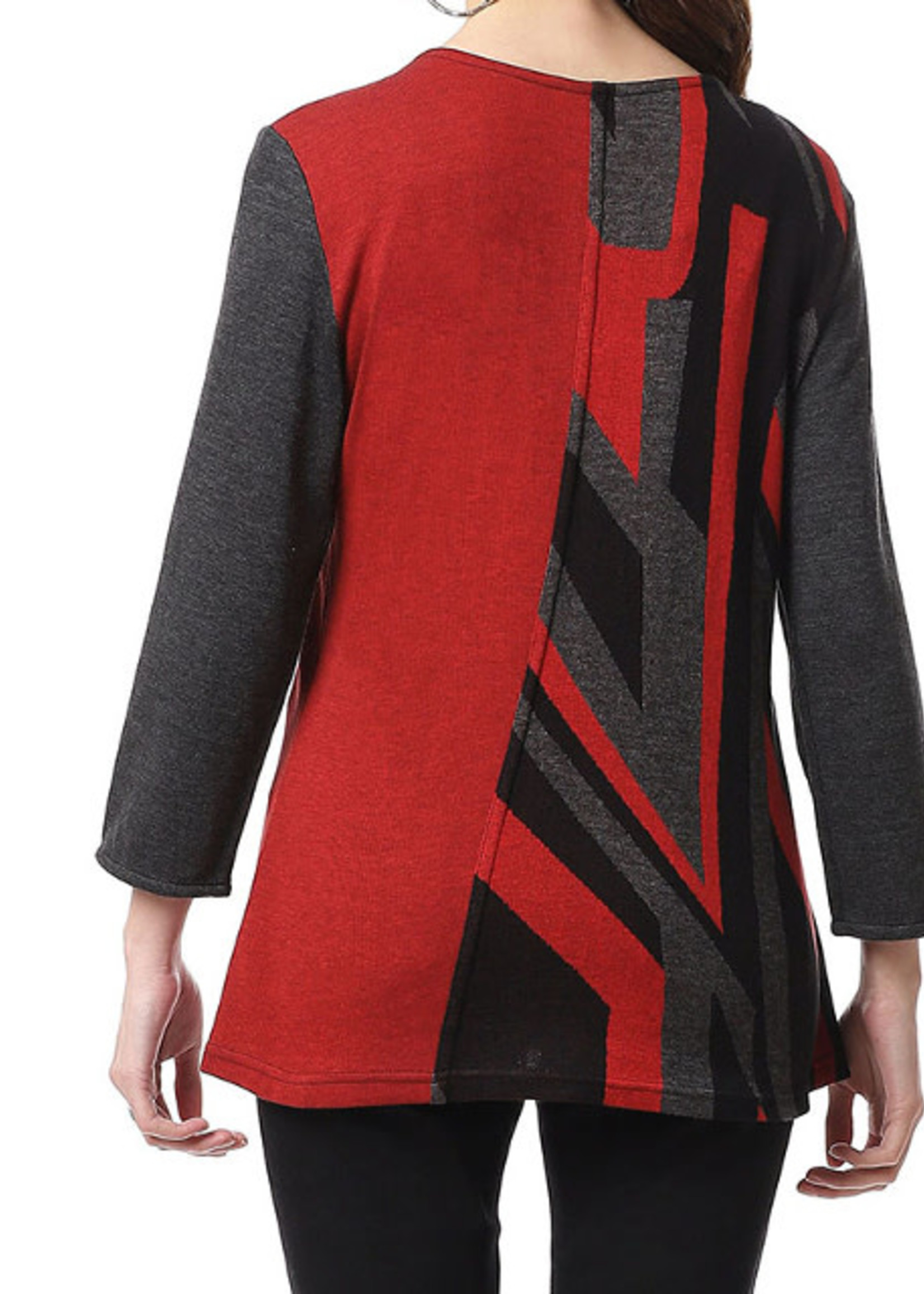 Parsley and Sage Knit Red & Grey Pattern V Neck Button Detail Top