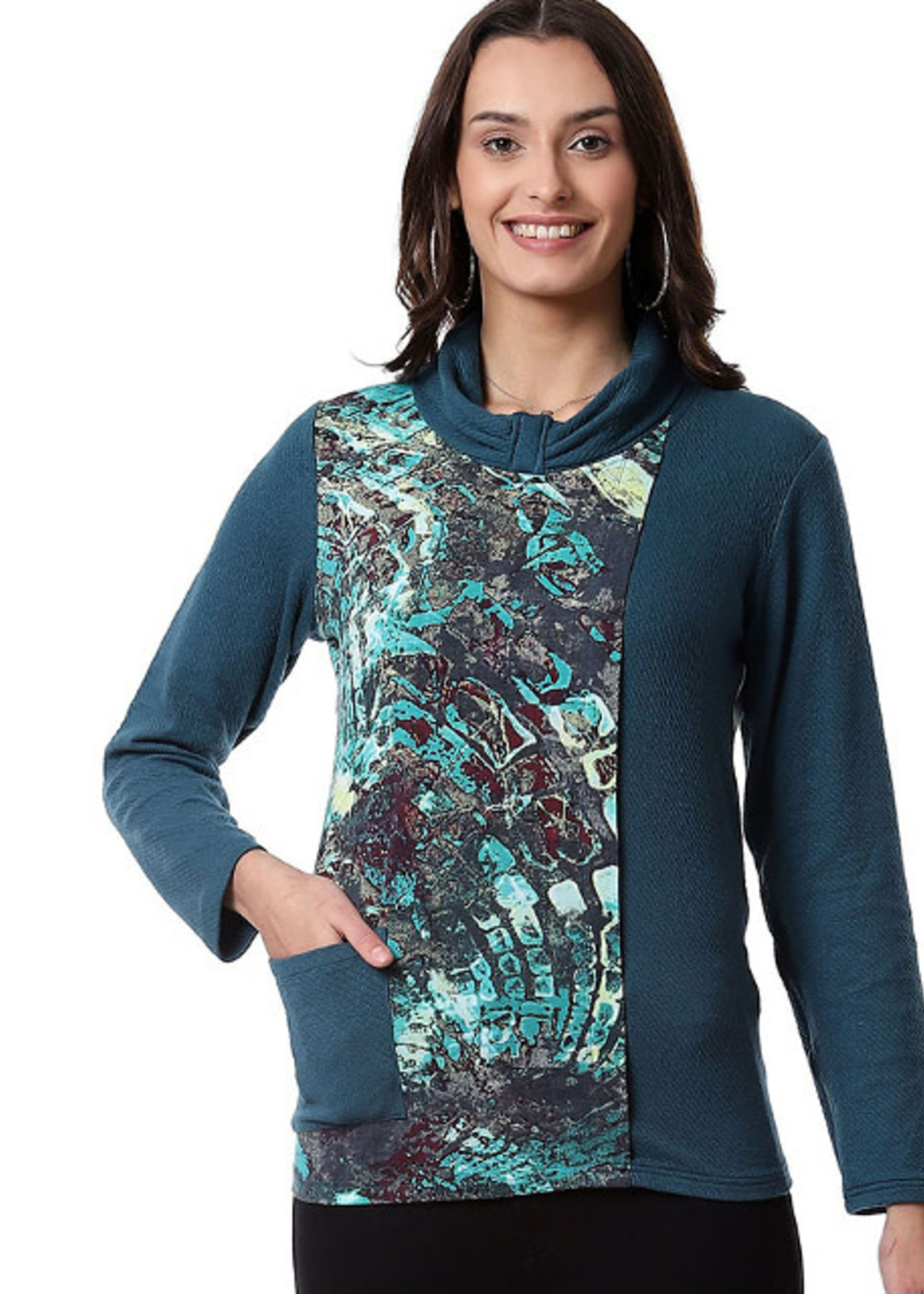 Parsley and Sage Turquoise  Pattern Button Detail Cowl Neck Top