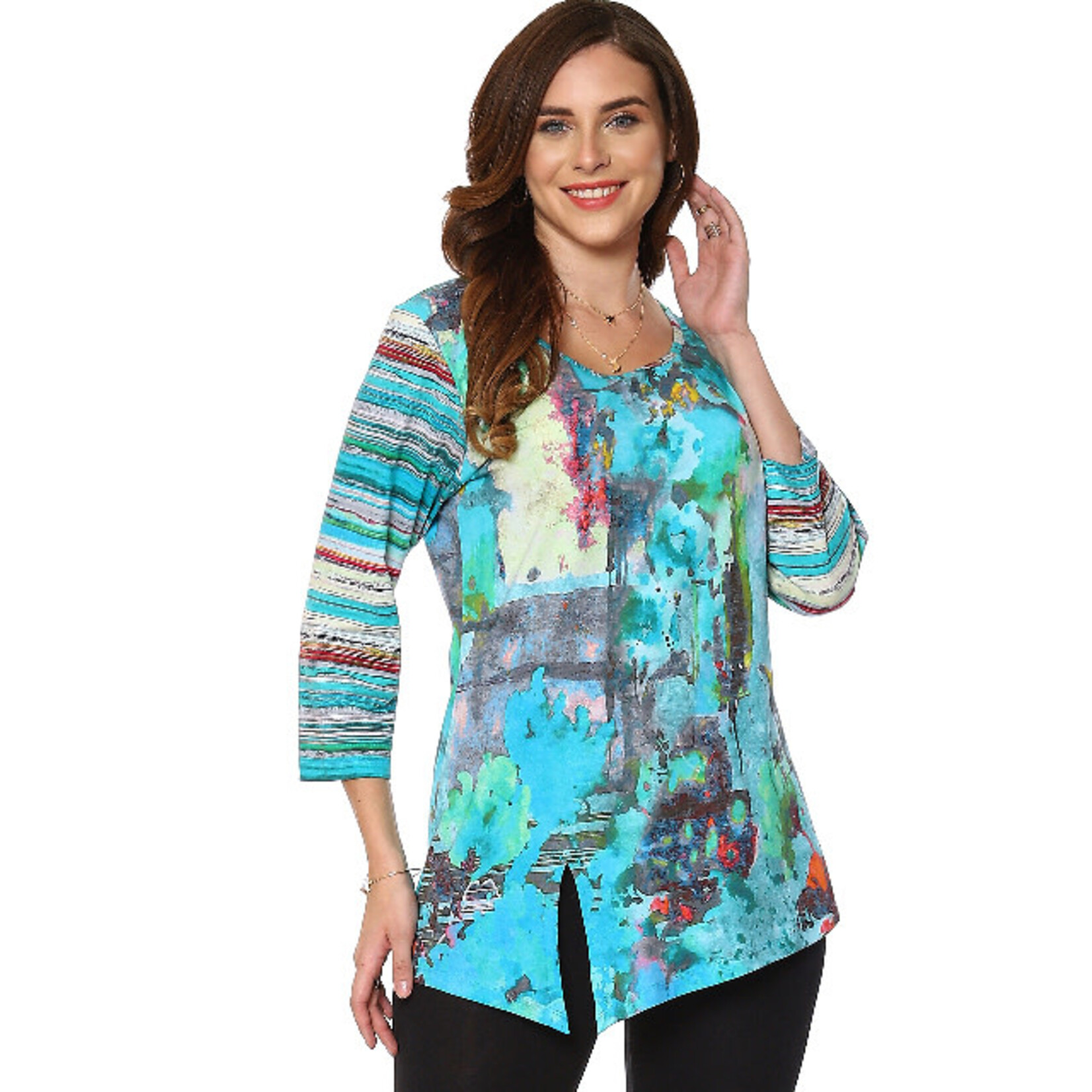 Parsley and Sage Multi Color Watercolor & Stripe V Neck Top