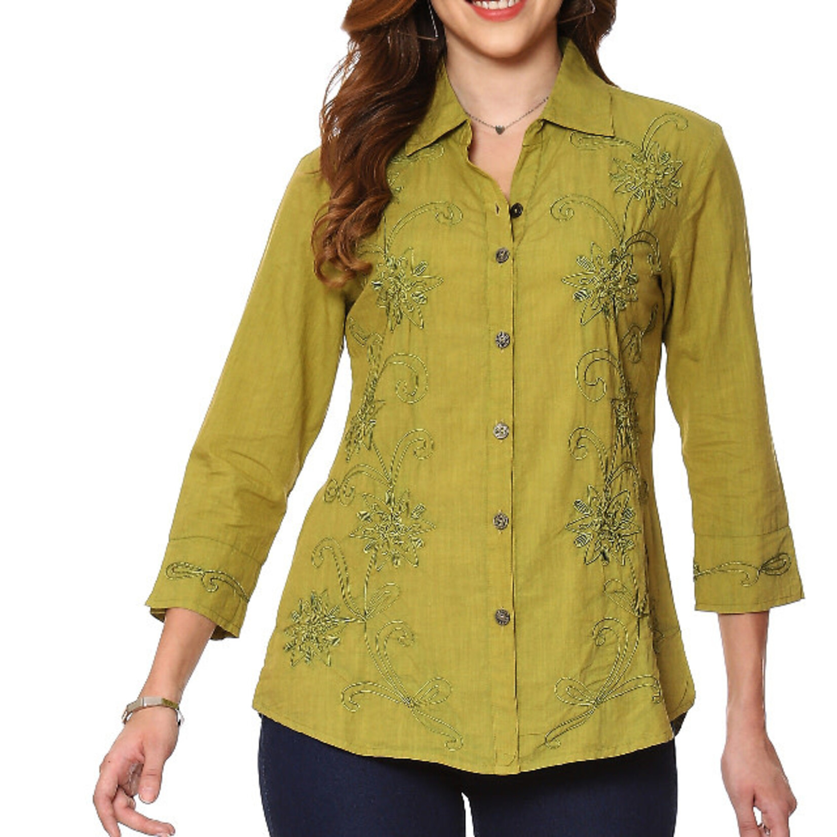 Parsley and Sage Moss Green Embroidered Button Down Shirt