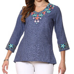 Parsley and Sage Blue Floral Embroidered V Neck Shirt