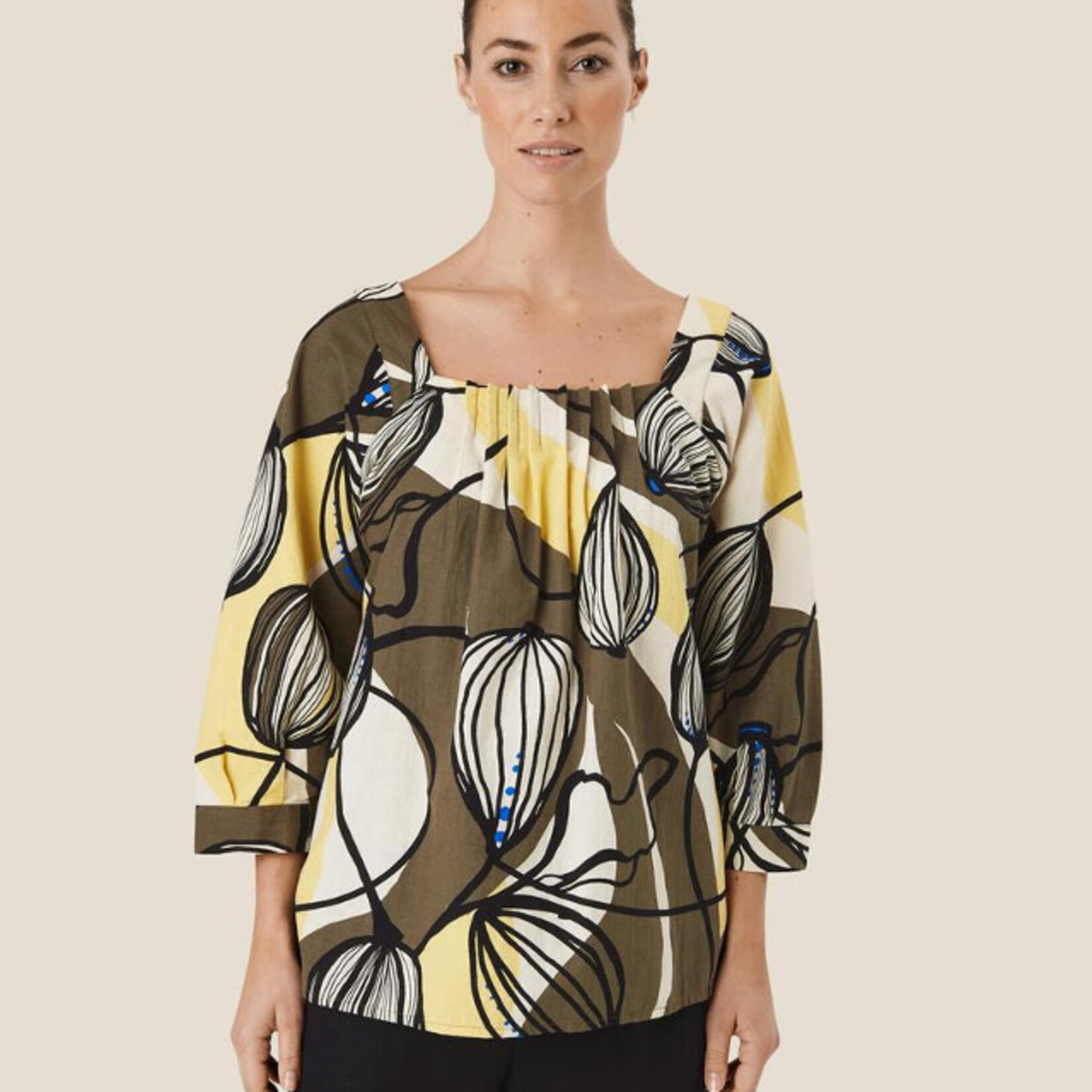 Masai Copenhagen Olive & Yellow Bulb Print Square Neck Top