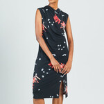 Clara Sun Woo Black Floral Sleeveless Ruched Midi Dress