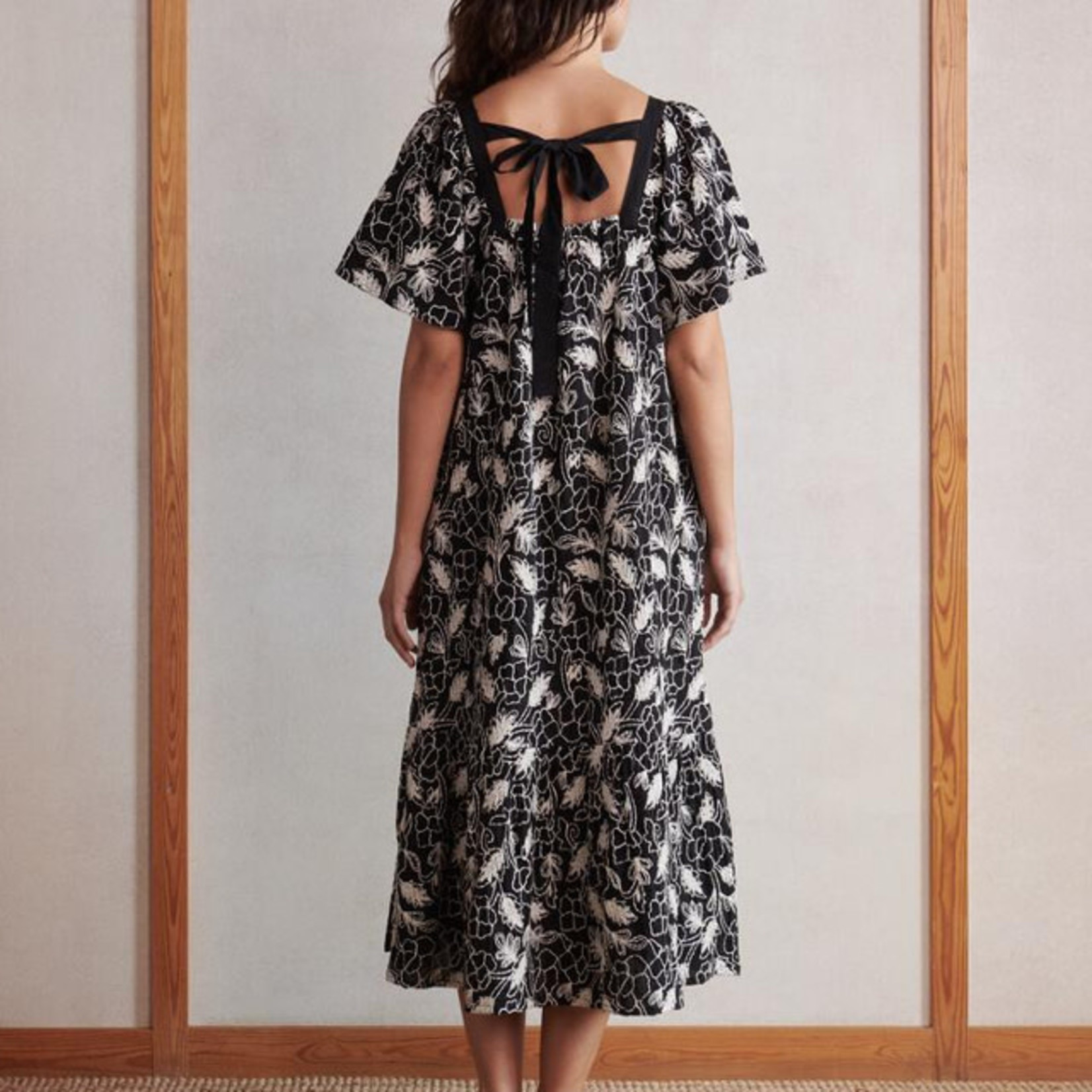 Masai Copenhagen Black With White Floral Embroidery Back Tie Dress