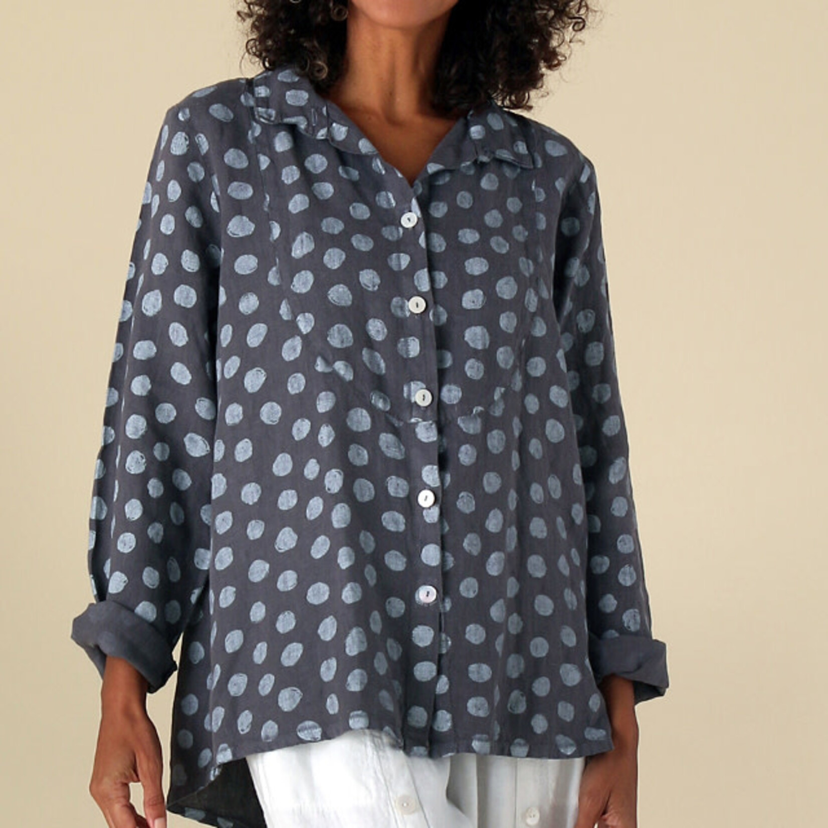 Fenini Charcoal Linen Polka Dot Button Down Shirt