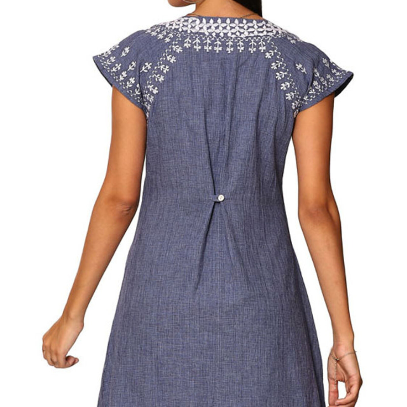 Parsley and Sage Chambray Embroidered Cap Sleeve Dress