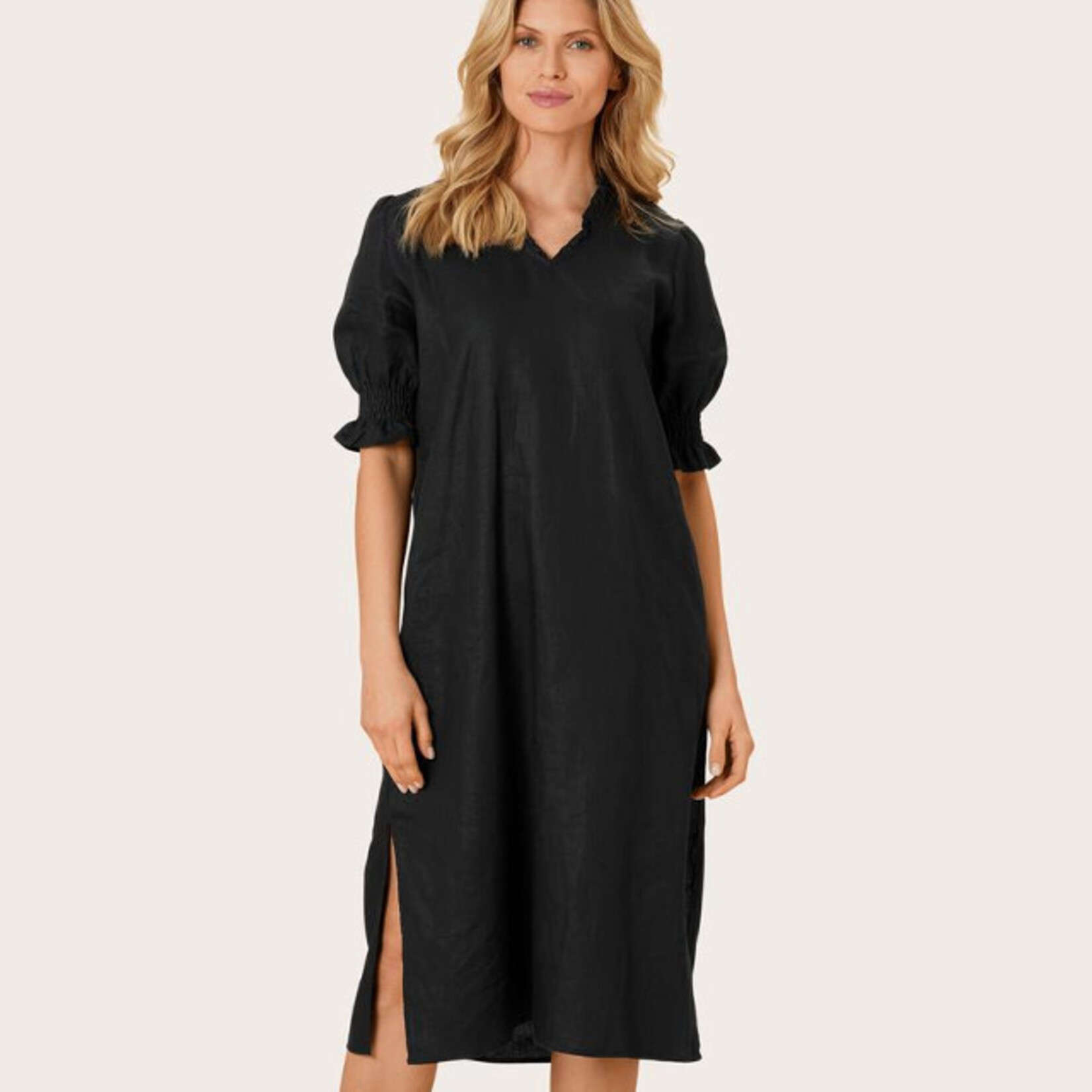 Masai Copenhagen Black Linen Short Elastic Sleeve Dress