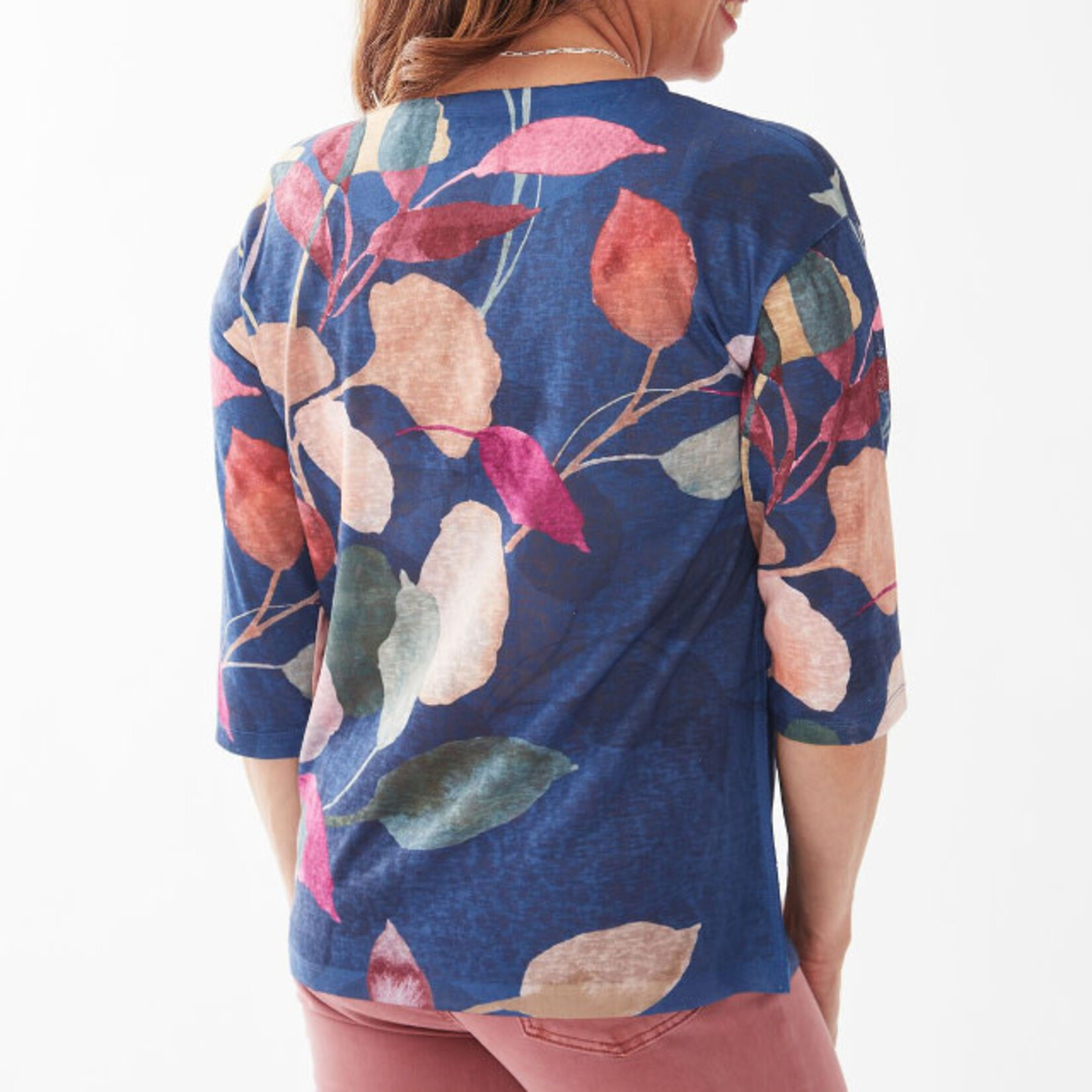 FDJ Blue Colorful Leaf Drop Shoulder Top