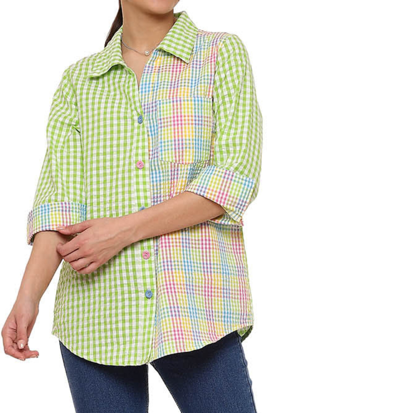 Parsley and Sage Green Gingham & Pastel Button Up Shirt