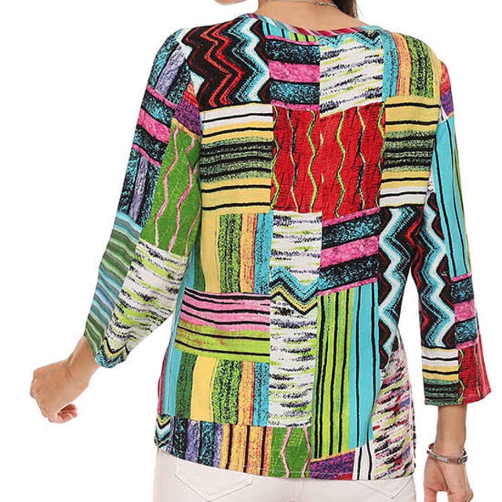 Parsley and Sage Bold Colorful Print Button Pleat Ellen Top