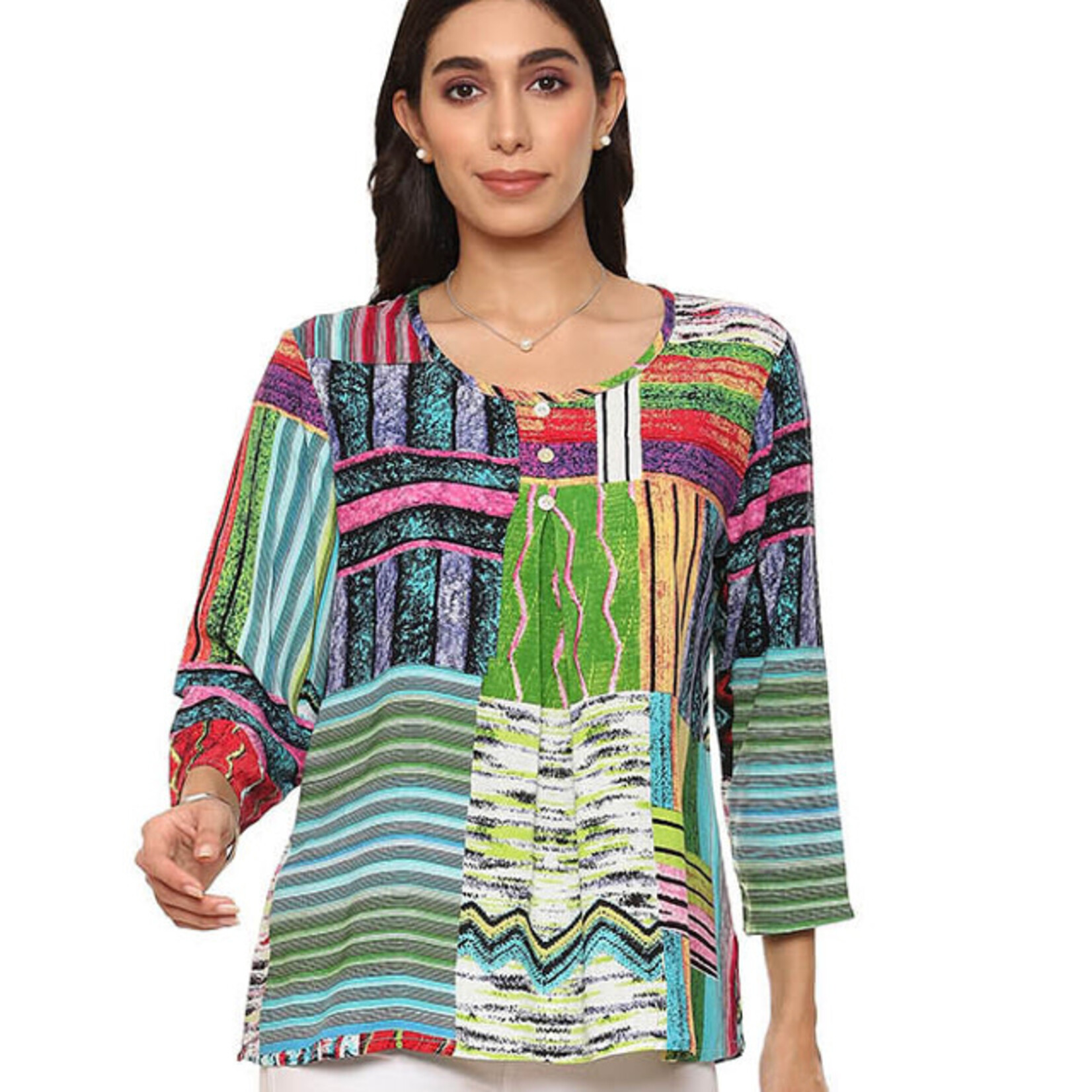 Parsley and Sage Bold Colorful Print Button Pleat Ellen Top