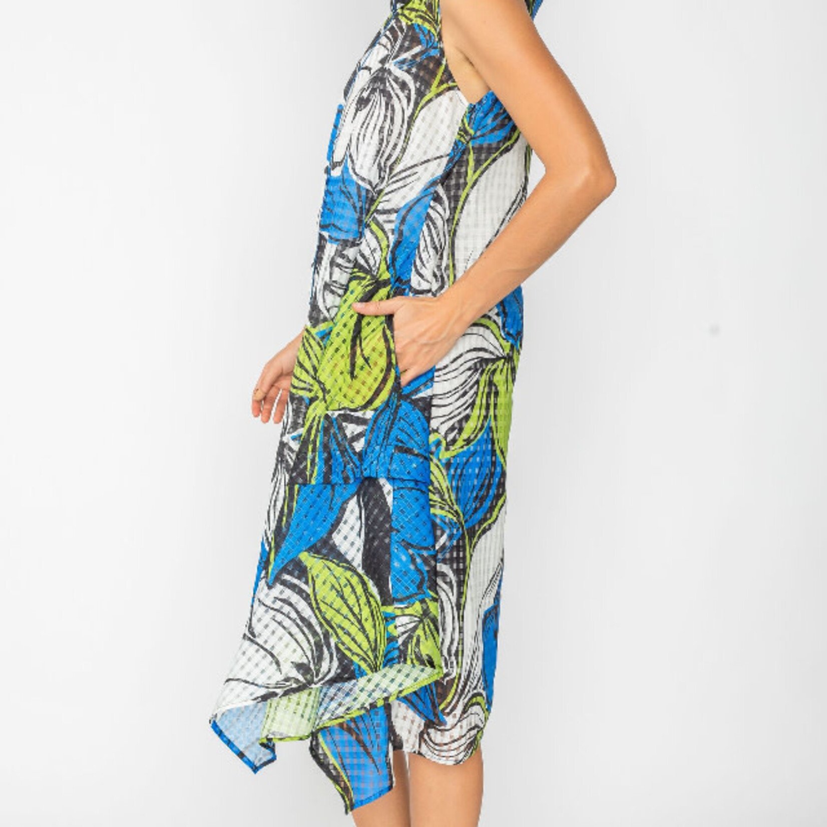 IC Collection Green & Blue Floral Print Mesh Sleeveless Dress