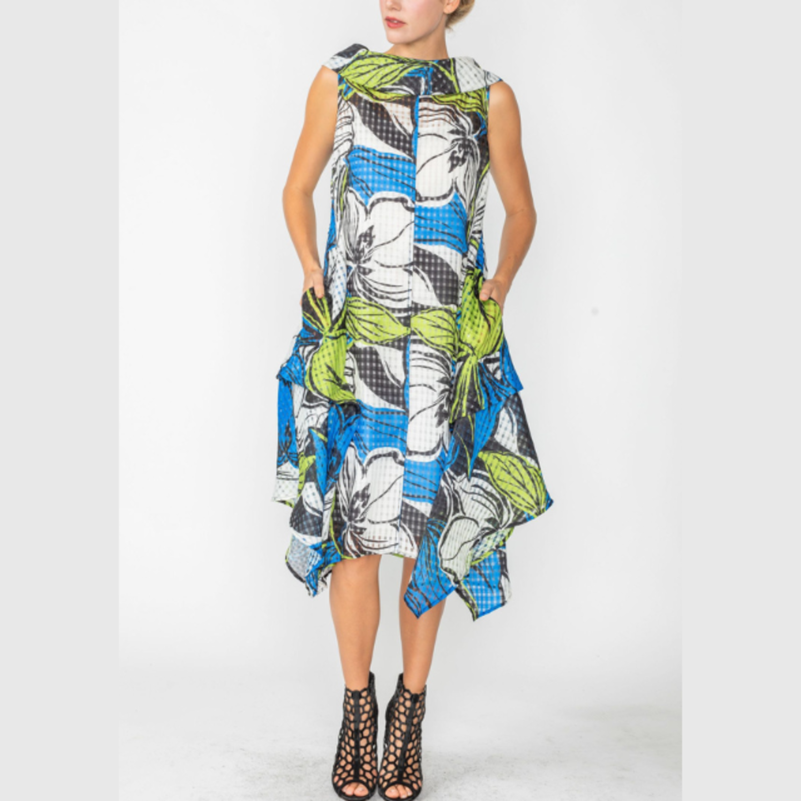 IC Collection Green & Blue Floral Print Mesh Sleeveless Dress
