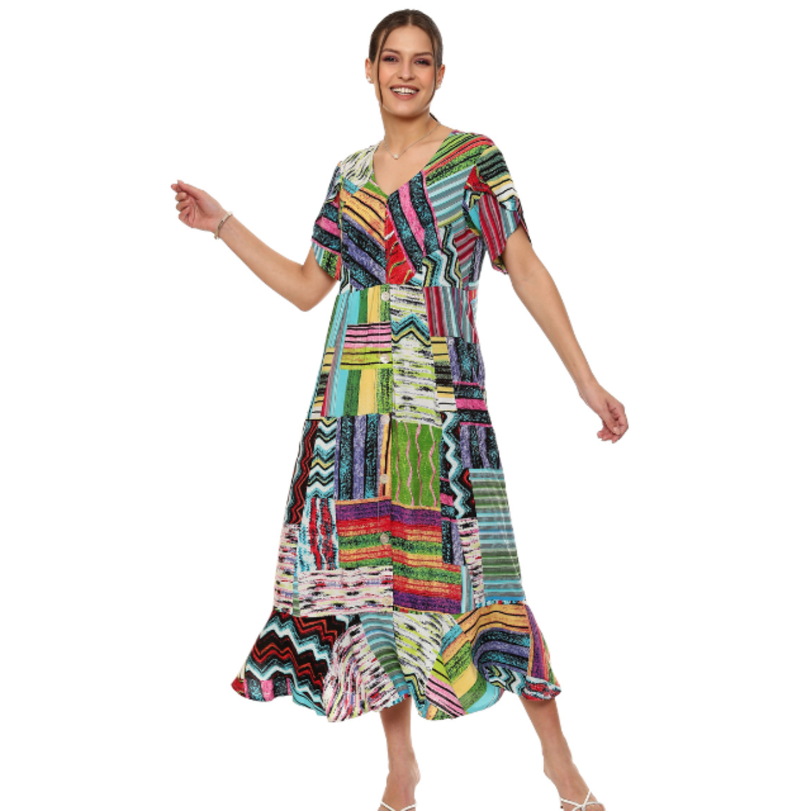Parsley and Sage Bold Colorful Print V-Neck Long Dress