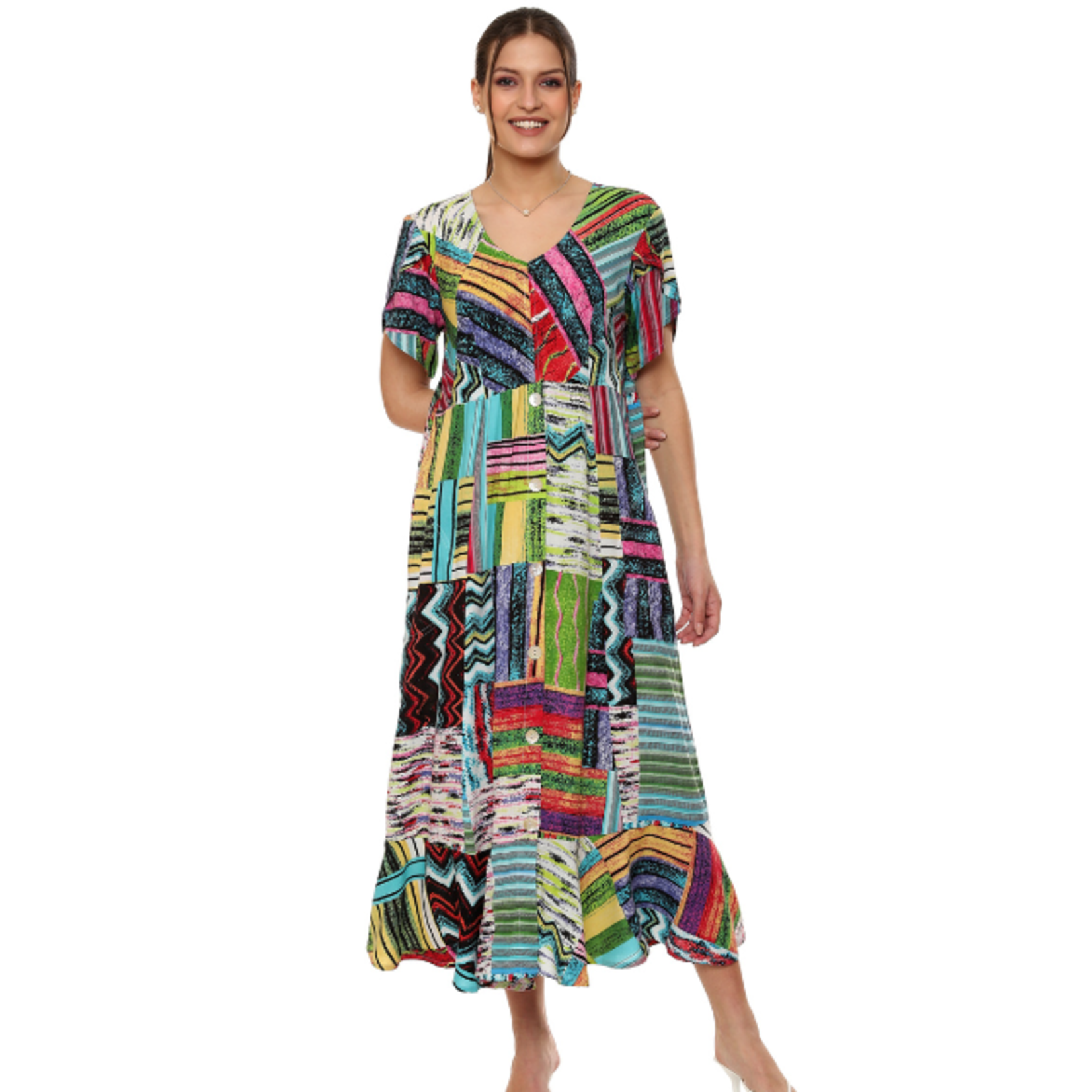 Parsley and Sage Bold Colorful Print V-Neck Long Dress
