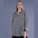 Shana Apparel Black & White Stripe Back Floral Print Shirt